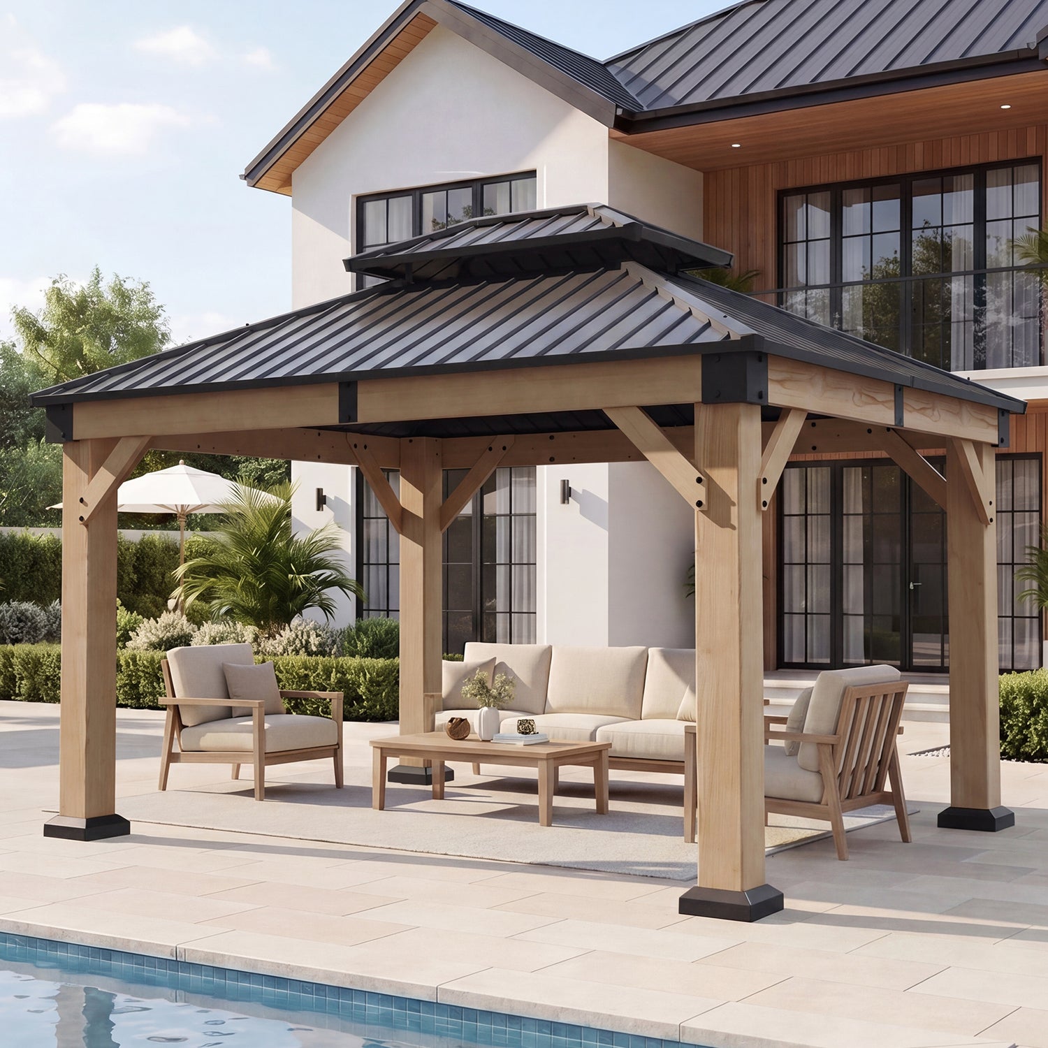 Aoxun 12' x 16' Outdoor Wood Gazebo, Hardtop Gazebo Permanent Wooden Pavilion with Galvanized Steel Double Roof, for Garden, Backyard, Patio, Cedar Wood, Grey