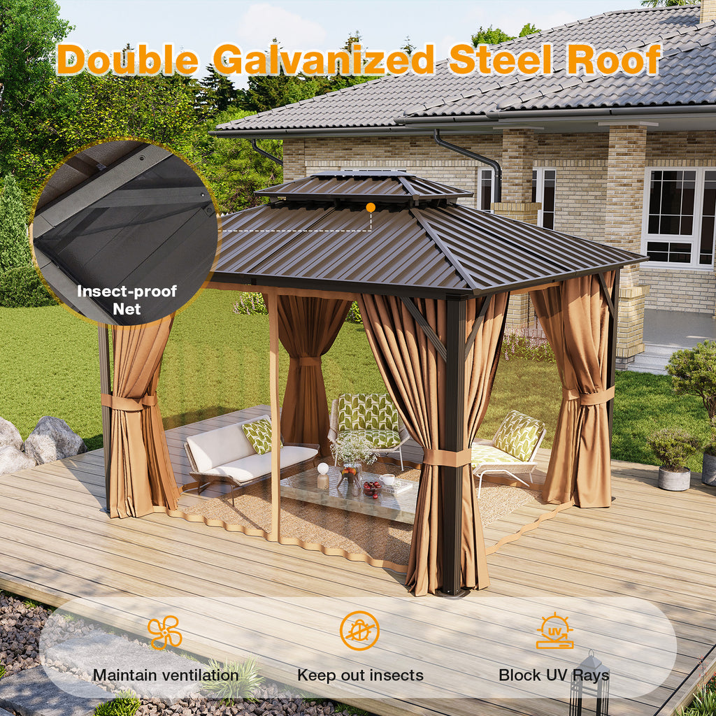 Breezestival Hardtop Gazebo, Metal Frame with Double Galvanized Steel Roof, Permanent Outdoor Pergola with Curtains and Netting Included for Backyard, Patio, Lawn and Garden