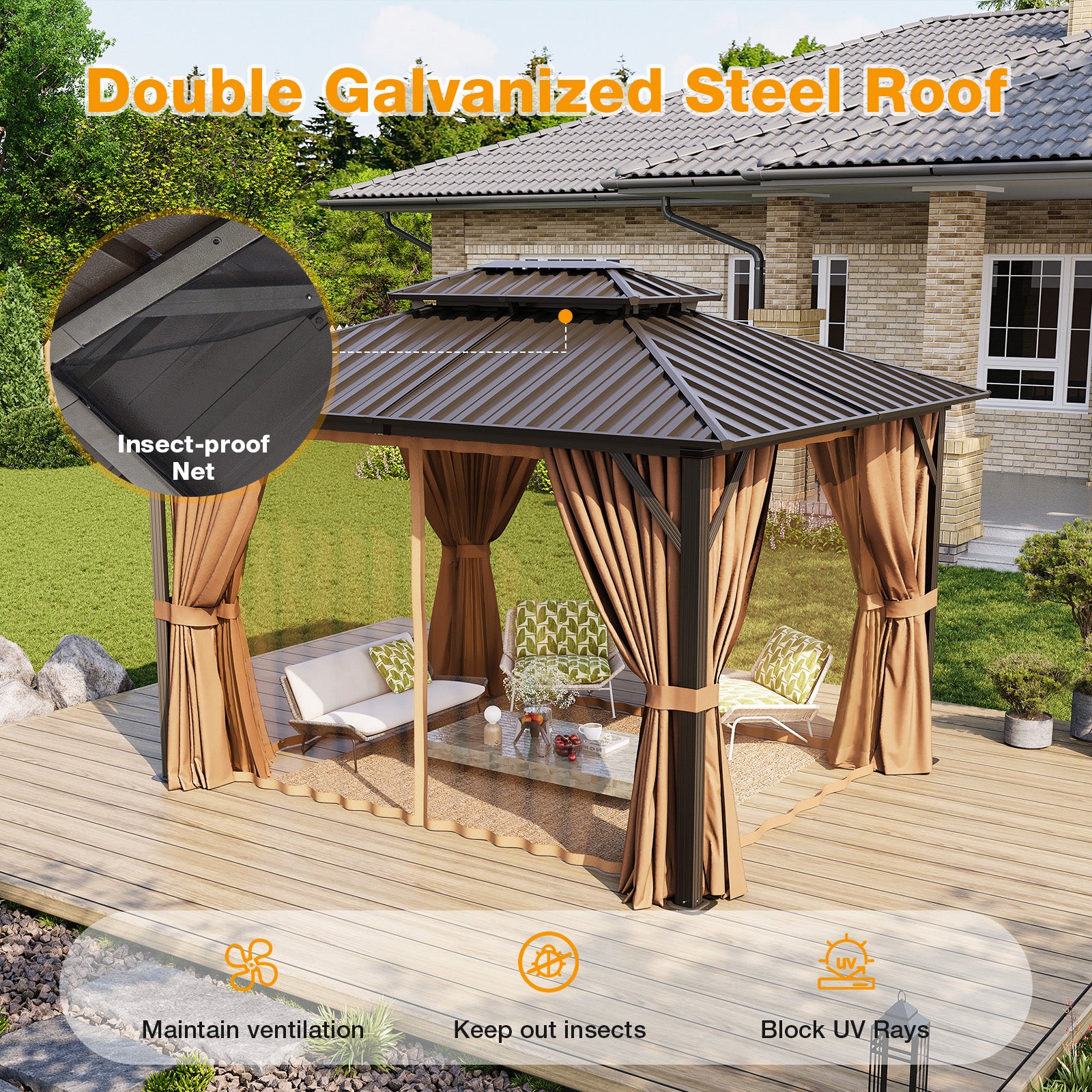 Breezestival Hardtop Gazebo, Metal Frame with Double Galvanized Steel Roof, Permanent Outdoor Pergola with Curtains and Netting Included for Backyard, Patio, Lawn and Garden