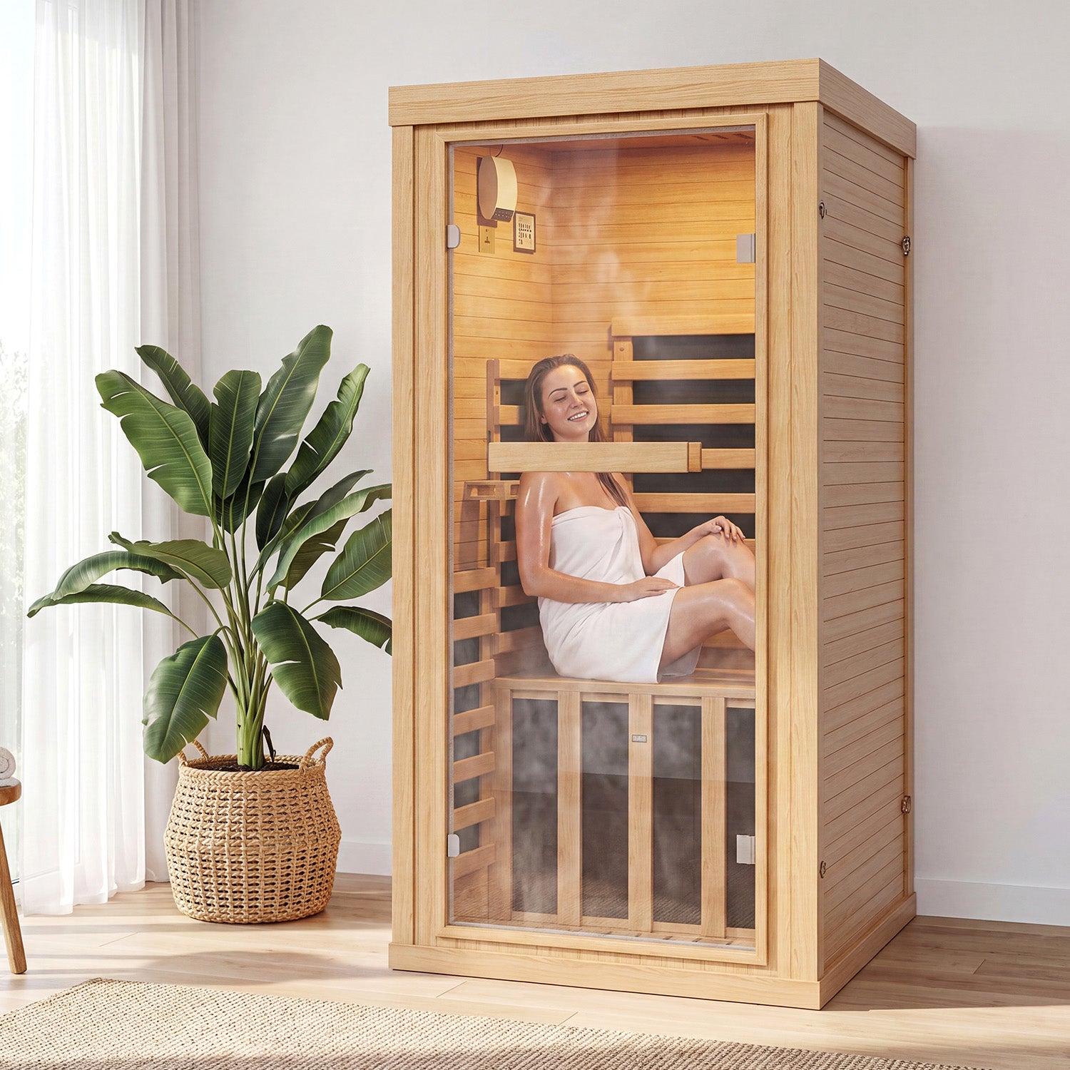 Breezestival 1 Person Infrared Dry Sauna, Canadian Hemlock Wood Indoor Home Spa Sauna Room with Speakers, Tempered Glass Door, 149°F Max, 32.3"x32.3"x61.6"