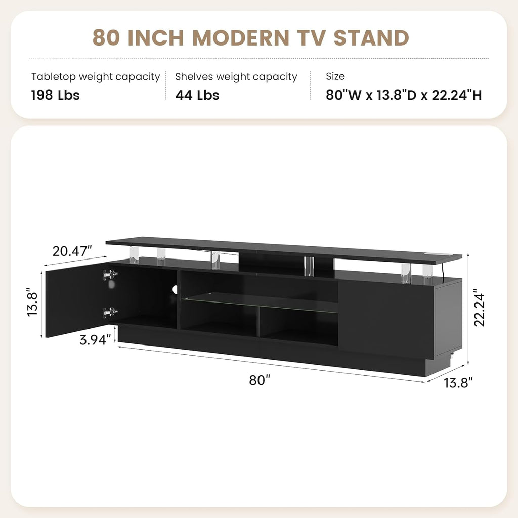 Nordivale 80” High-Glossy TV Stand with 2 Side Cabinets, Storage Entertainment Center, Modern Stylish TV Console with 3 Layer LED Lights&Power Outlets,Remote&APP Control for Living Room Use Black