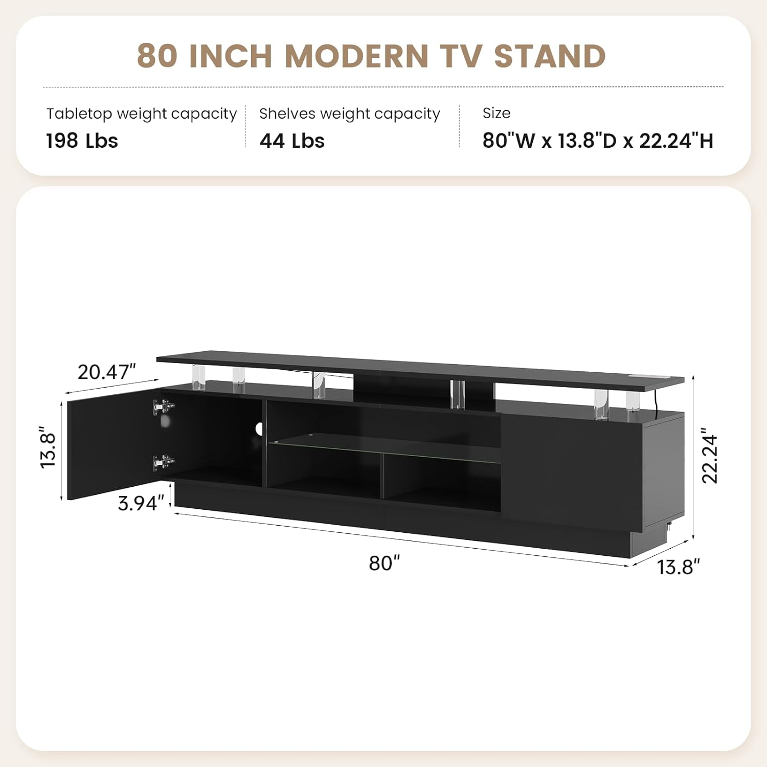 Nordivale 80” High-Glossy TV Stand with 2 Side Cabinets, Storage Entertainment Center, Modern Stylish TV Console with 3 Layer LED Lights&Power Outlets,Remote&APP Control for Living Room Use Black