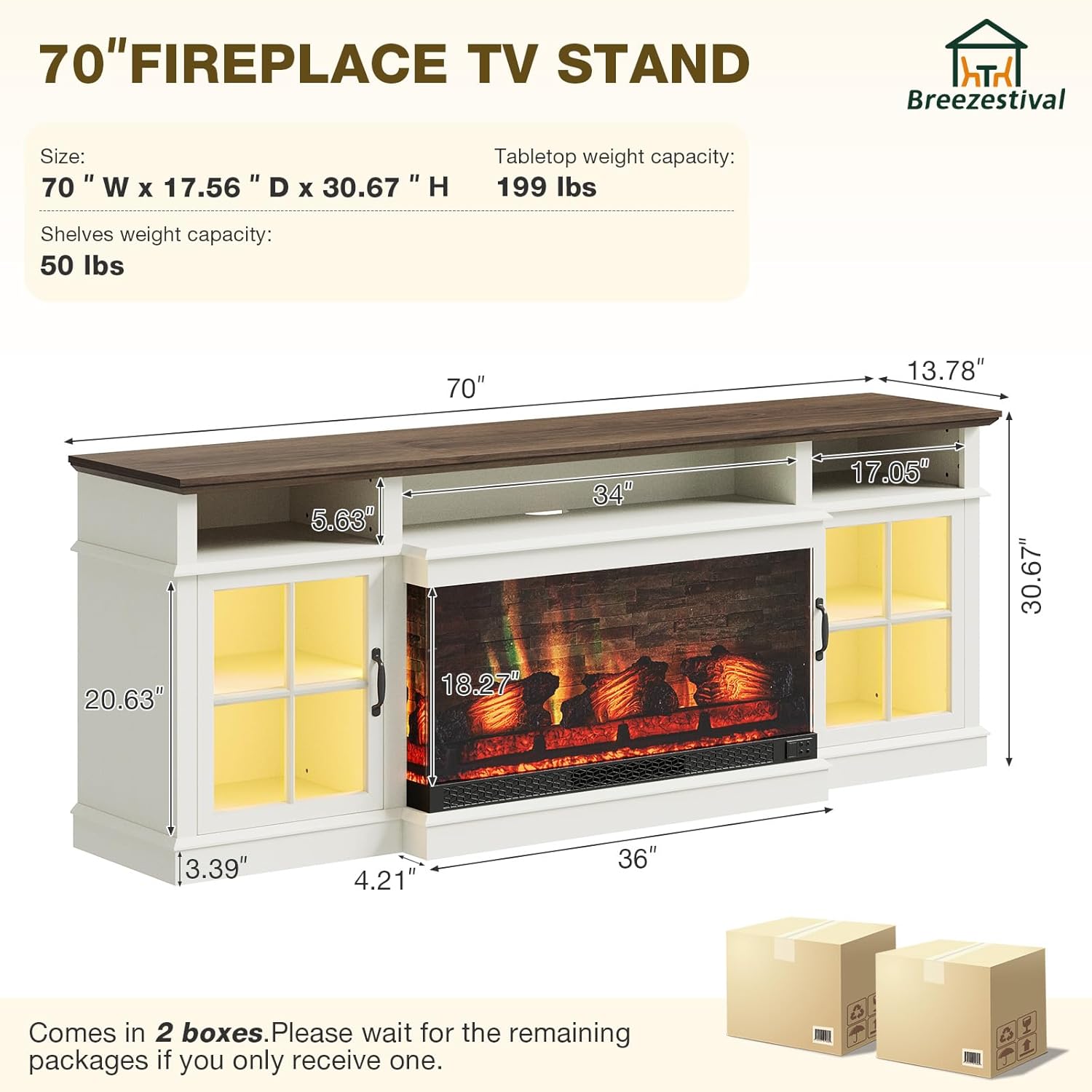 Breezestival 70" Fireplace TV Stand, Farmhouse TV Stand for TVs up to 80” with LED Lights, Media Entertainment Center with Glass Door for Living Room, White