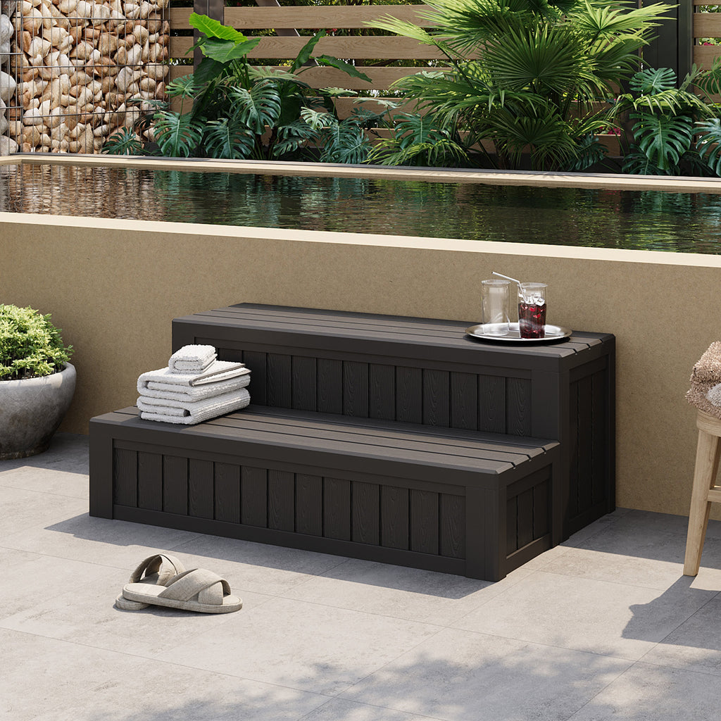 SunSwell Universal Hot Tub Steps Outdoor Spa Stairs with Storage Compartment, Non-Slip Sturdy Waterproof Heavy Duty Porch Step, Wood Looking Indoor Outdoor Use, 600LBS Weight Capacity