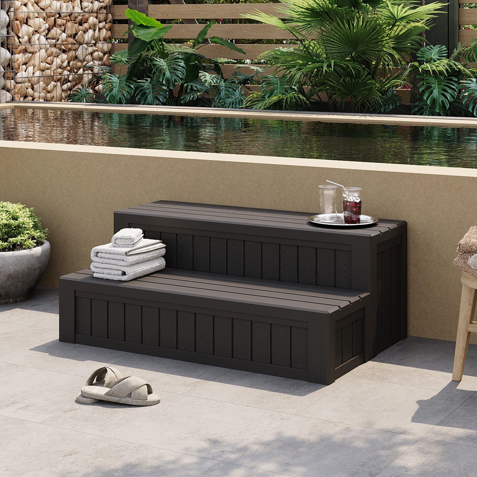 SunSwell Universal Hot Tub Steps Outdoor Spa Stairs with Storage Compartment, Non-Slip Sturdy Waterproof Heavy Duty Porch Step, Wood Looking Indoor Outdoor Use, 600LBS Weight Capacity