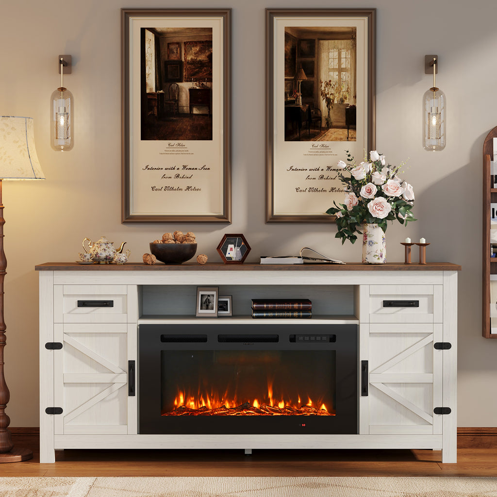 Nordivale Fireplace TV Stand with Barn Door for TVs up to 80", Farmhouse 70" Fireplace Entertainment Center with Storage Cabinets, White & Black