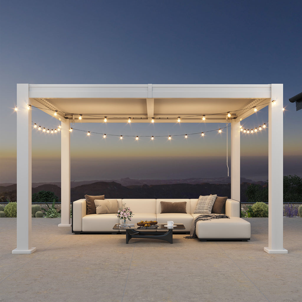 LazySunsets Louvered Pergola 10x12, Outdoor Pergola with Adjustable Louvers Outdoor Gazebo with 2 Independent Adjustable Roofs, Integrated Drainage System for Patios, Deck & Backyard, White