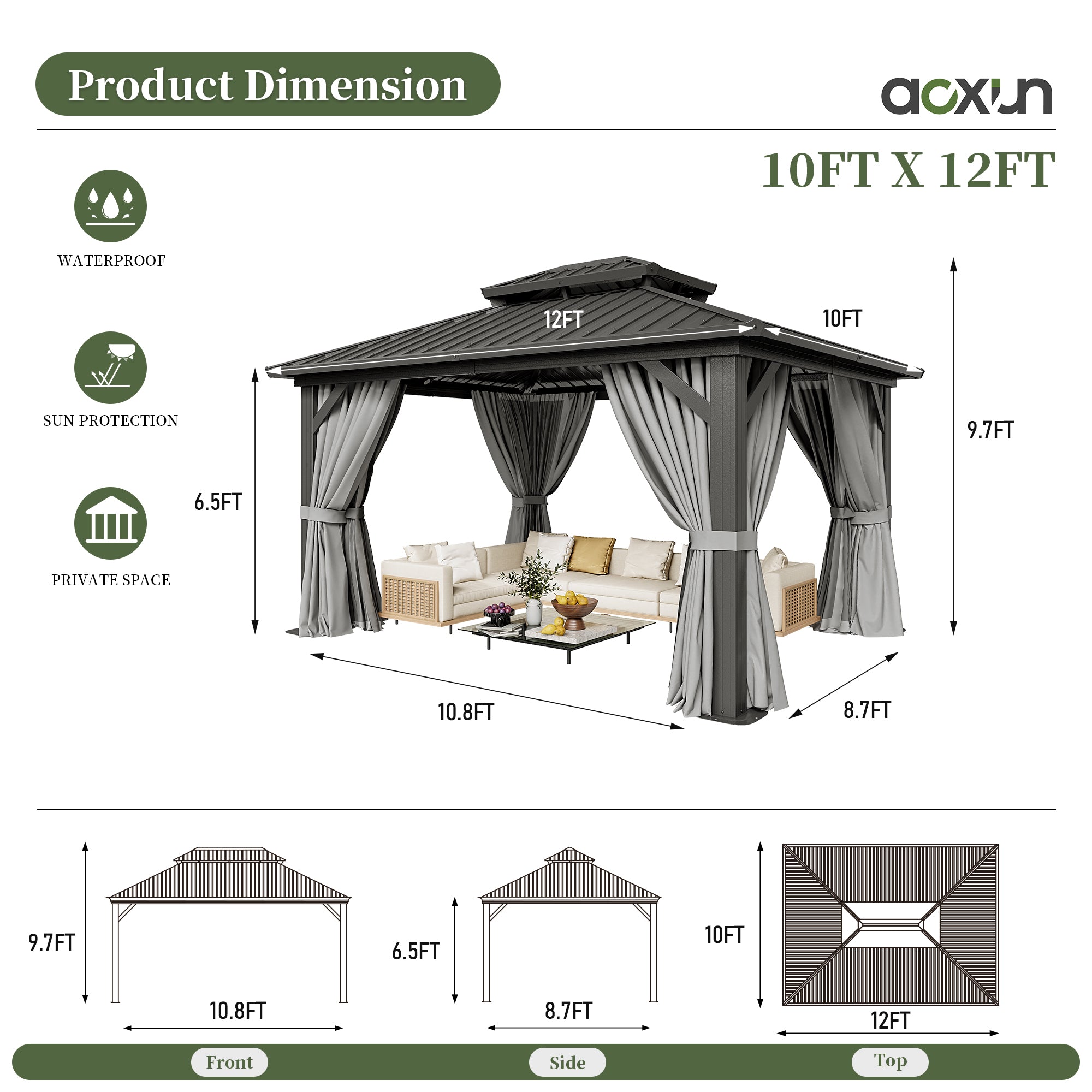 Aoxun 10'x12' Hardtop Gazebo with Handing Lights, Outdoor Gazebo with Galvanized Steel Double Roof, Patio Gazebo with Breathable Netting & Privacy Curtain, Decor Hooks for Backyard, Gray