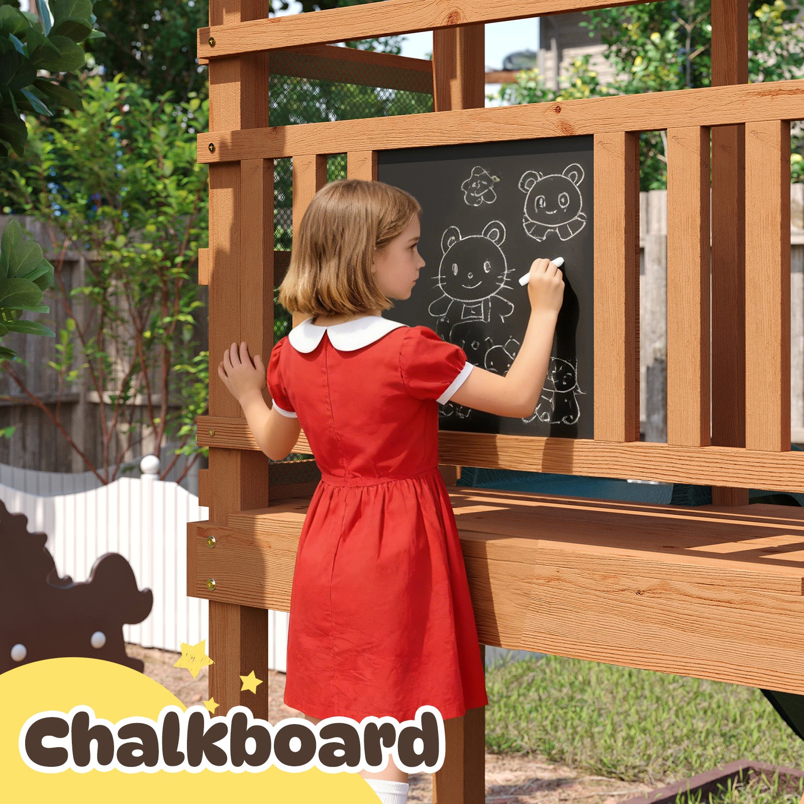 SunSwell Wood Swing Sets for Backyard - Playground Sets for Backyards, Outdoor Playset with Wave Slide, Play Deck, Rock Wall Ladder, Belt Swings, Chalkboard, Canopy Roof