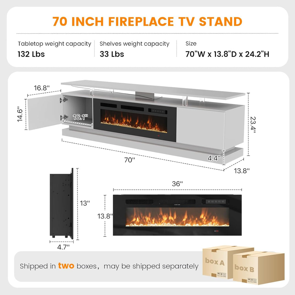 Breezestival 70" Fireplace TV Stand for TVs up to 80", Modern Entertainment Center with Black Fireplace and Storage, White