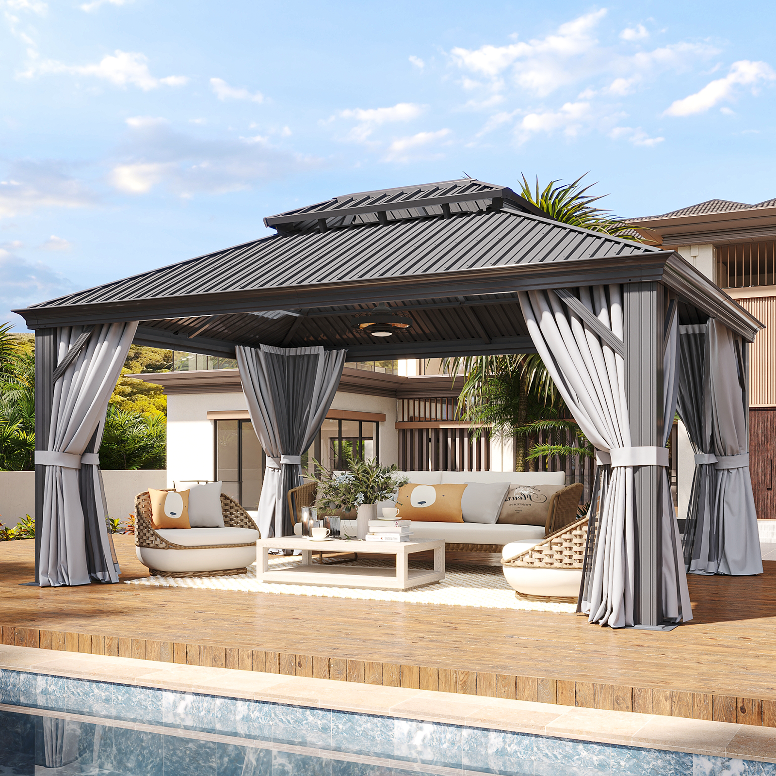 LET'S PATIO 12' x 16' Hardtop Gazebo, Permanent Aluminum Gazebo with Galvanized Steel Double Roof and Drainage System, Outdoor Metal Pavilion with Curtains and Netting for Patio, Deck and Lawn, Gray