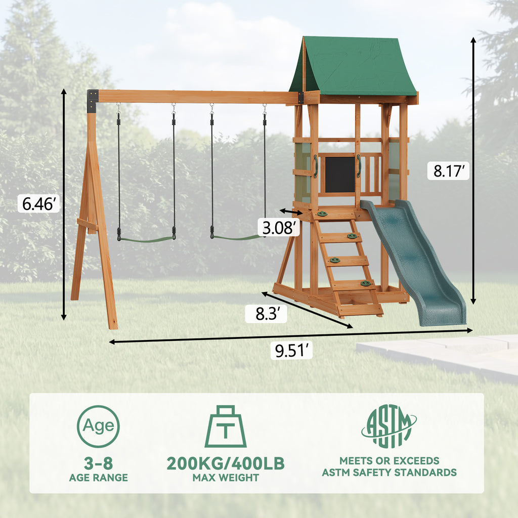 Binplax Wooden Swing Sets for Backyard,Outdoor Playset, Kids Playground Set with 6 FT Wave Slide, Rock Wall Ladder, 2 Belt Swings, Chalkboard, Canopy Roof, Green