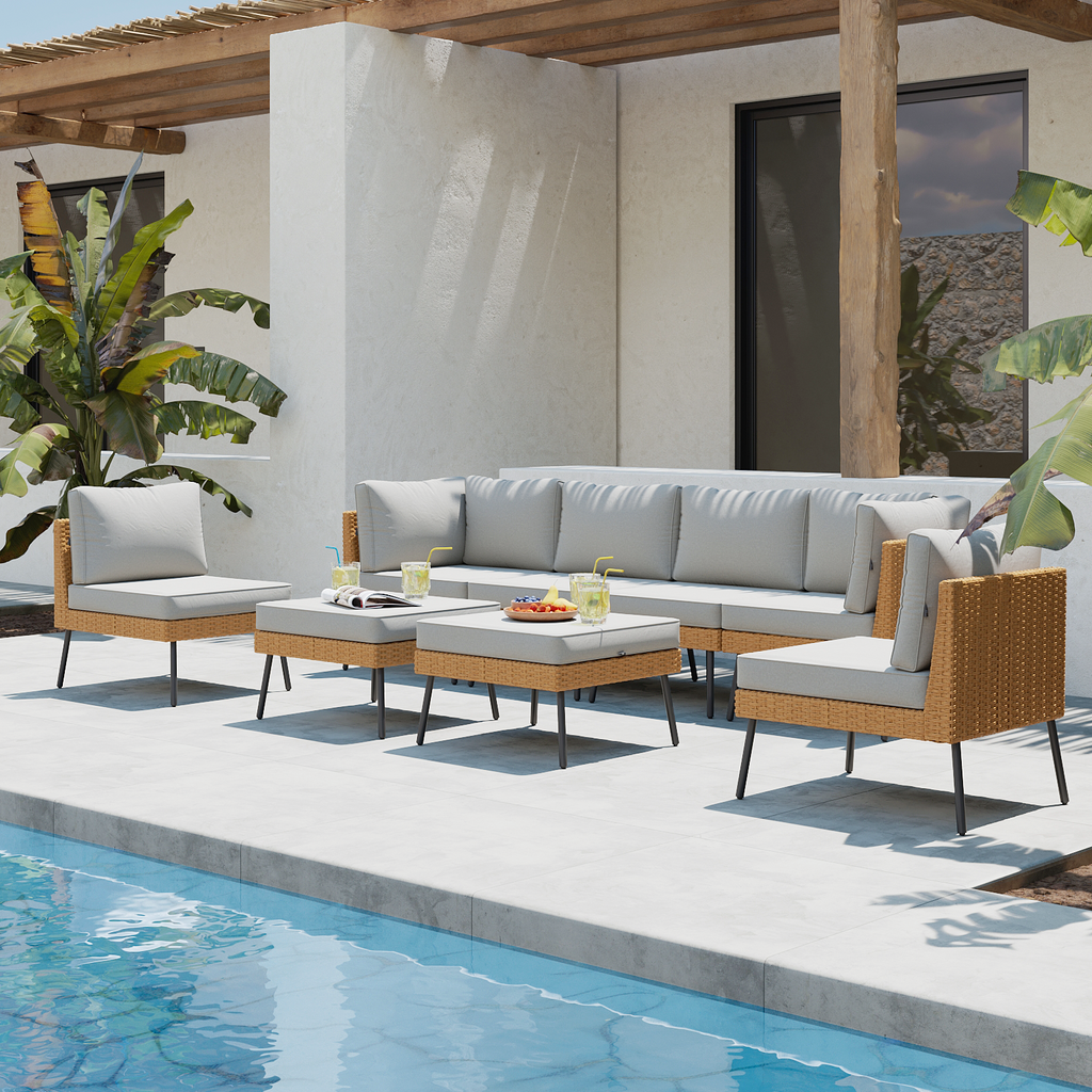 Aoxun 8 Piece Patio Furniture Set, 8 Seats Outdoor Sectional Sofas with Thick Cushion, Wicker Outdoor Patio Furniture Set with Ottomans for Party, Garden, Backyard