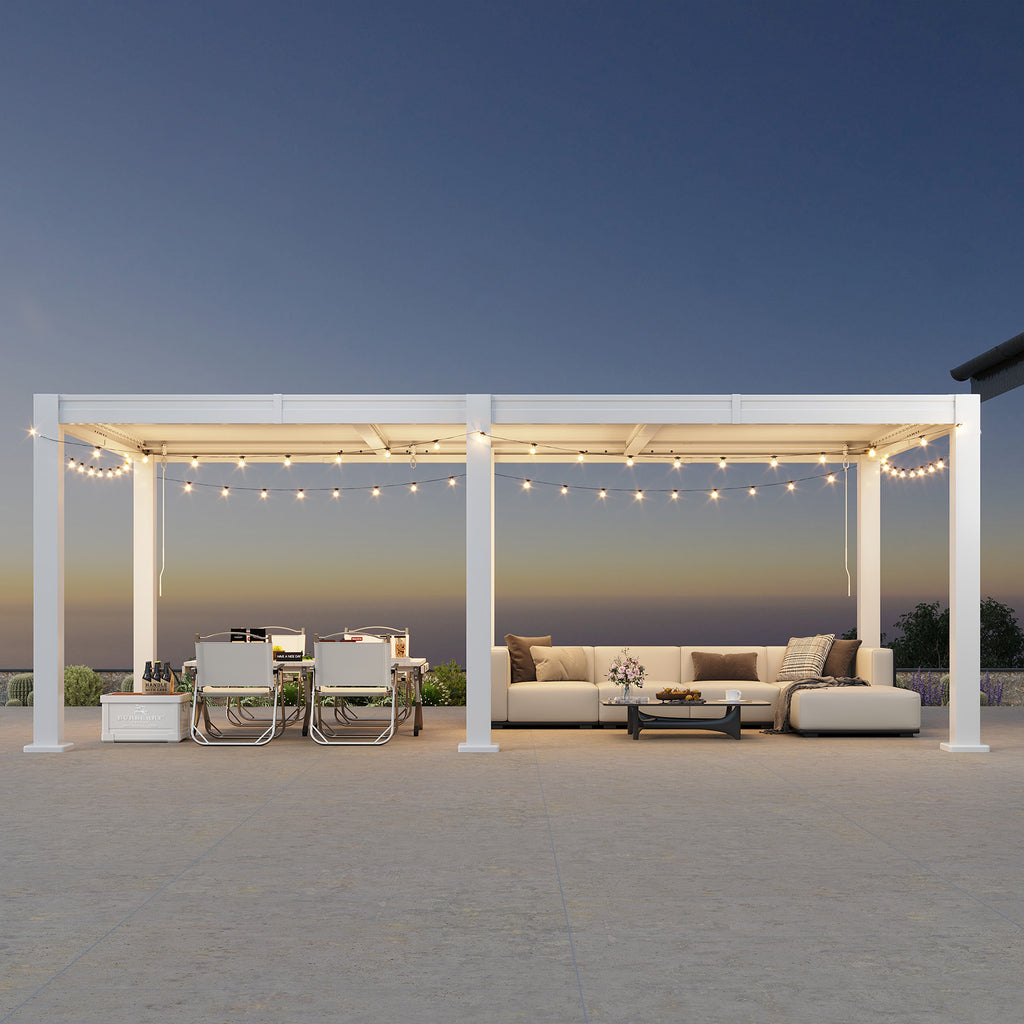 LazySunsets Louvered Pergola 10x20, Outdoor Pergola with Adjustable Louvers Outdoor Gazebo with 2 Independent Adjustable Roofs, Integrated Drainage System for Patios, Deck & Backyard, White