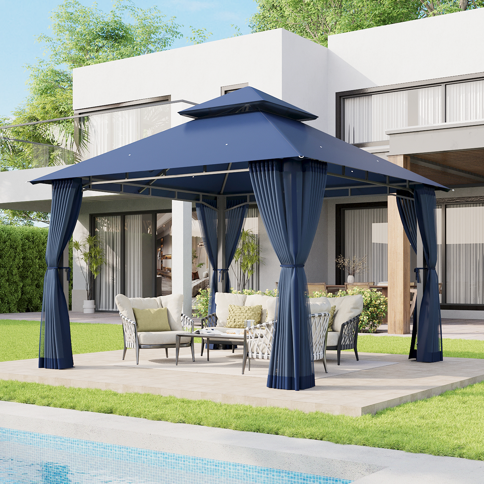 Aoxun 10x10 Gazebo with Double Roof & Mosquito Netting Outdoor Heavy-Duty Party Tent, Patio Tent with Zipper Screens - Backyard Garden Lawn Shelter Includes Wind Ropes Expansion Bolts, Blue