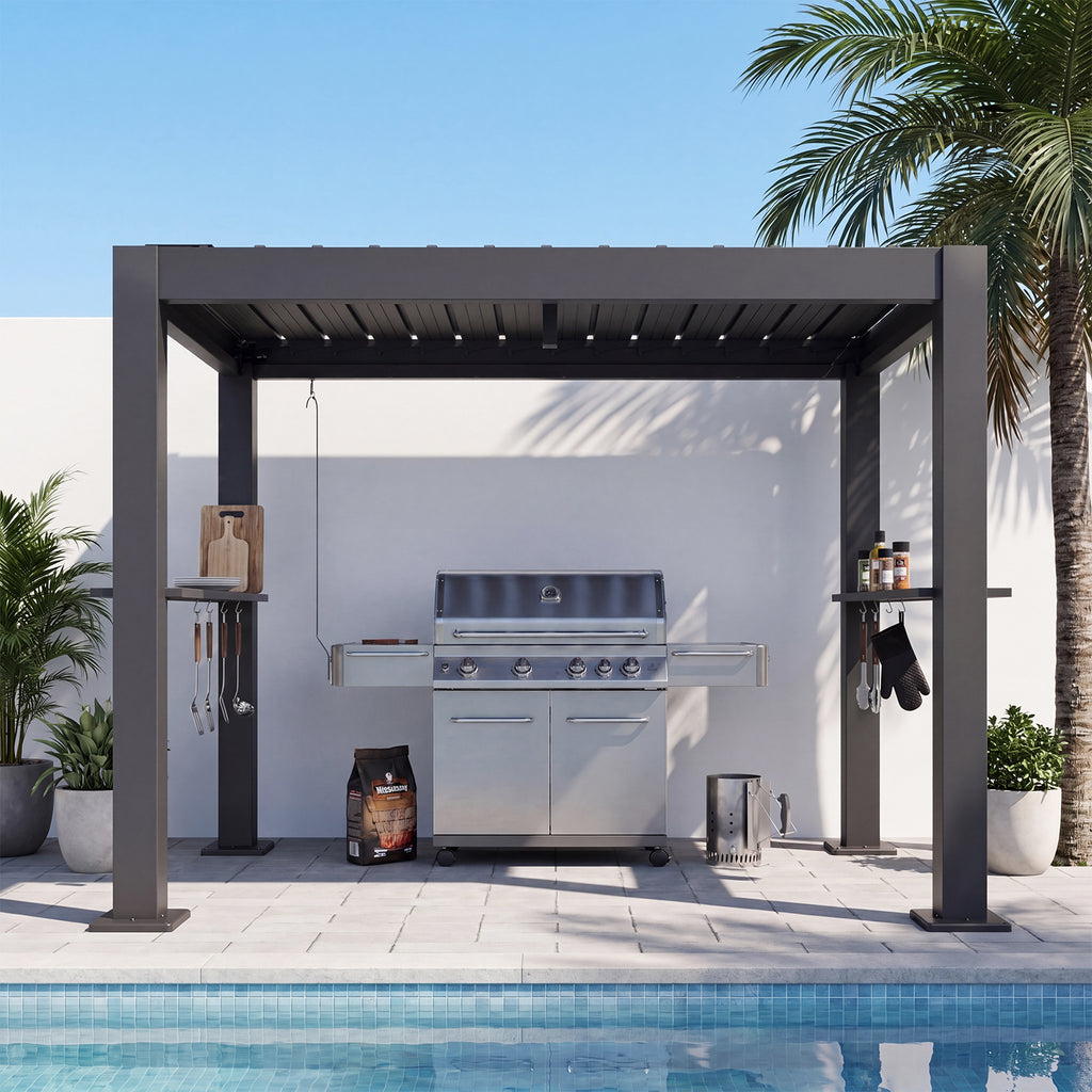 Aoxun 8x5 Grill Pergola, Louvered Pergola with 2 Side Shelves, Gray，Adjustable Louvered Roof 0-90° | Hidden Drainage System | Galvanized Steel Frame | Outdoor BBQ Station | 3.8" Thick Posts