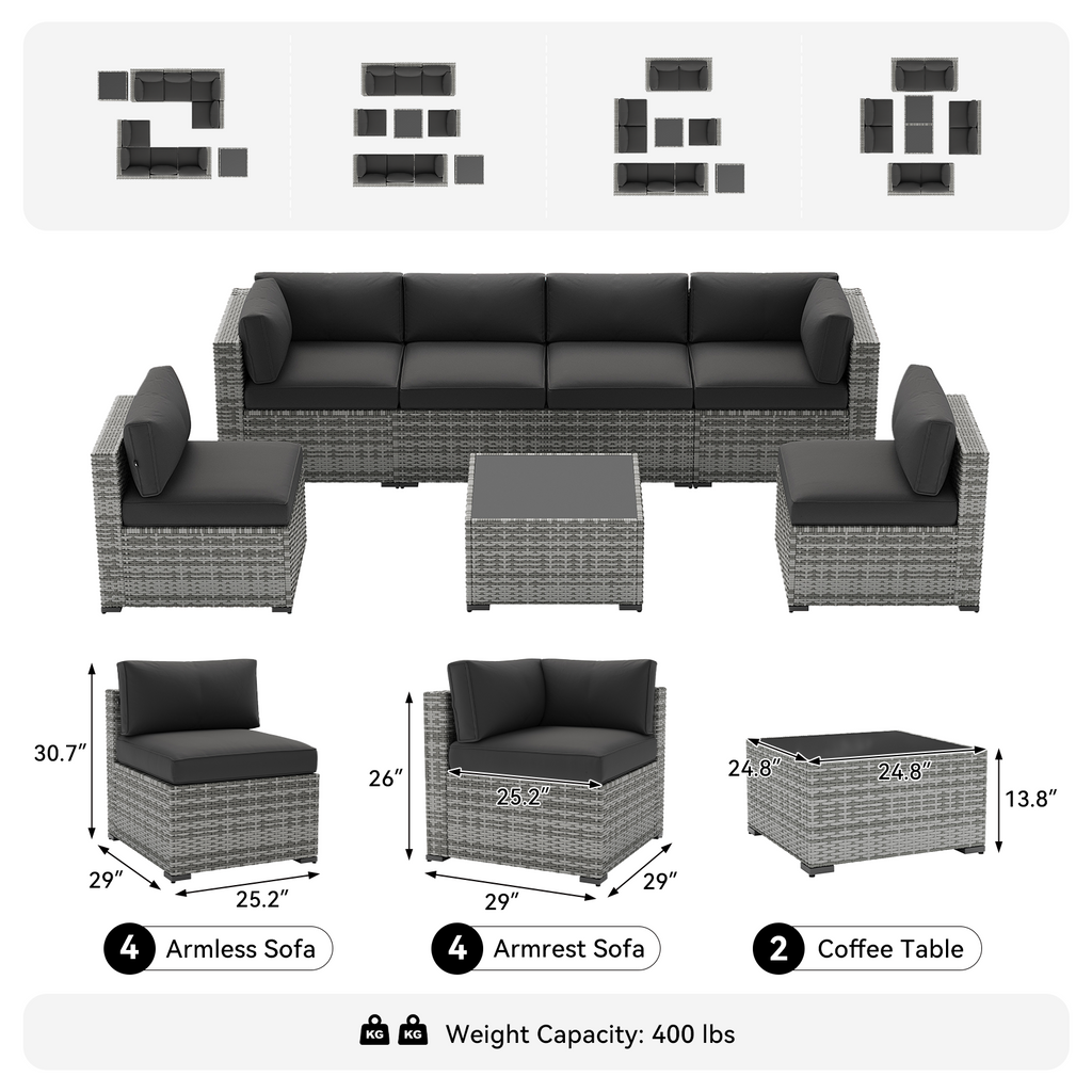 LazySunsets 7-Piece Patio Furniture Set, Wicker Rattan Outdoor Furniture with Thick Cushions, Patio Conversation Sets with Coffee Table, Outdoor Sectional Couch Sofa with Waterproof Cover