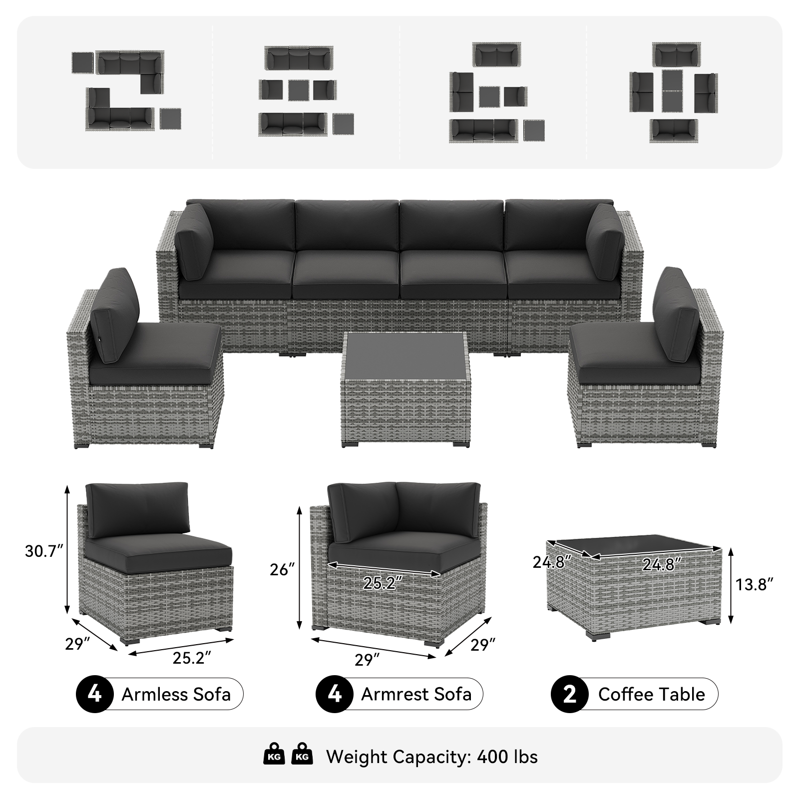 LazySunsets 7-Piece Patio Furniture Set, Wicker Rattan Outdoor Furniture with Thick Cushions, Patio Conversation Sets with Coffee Table, Outdoor Sectional Couch Sofa with Waterproof Cover