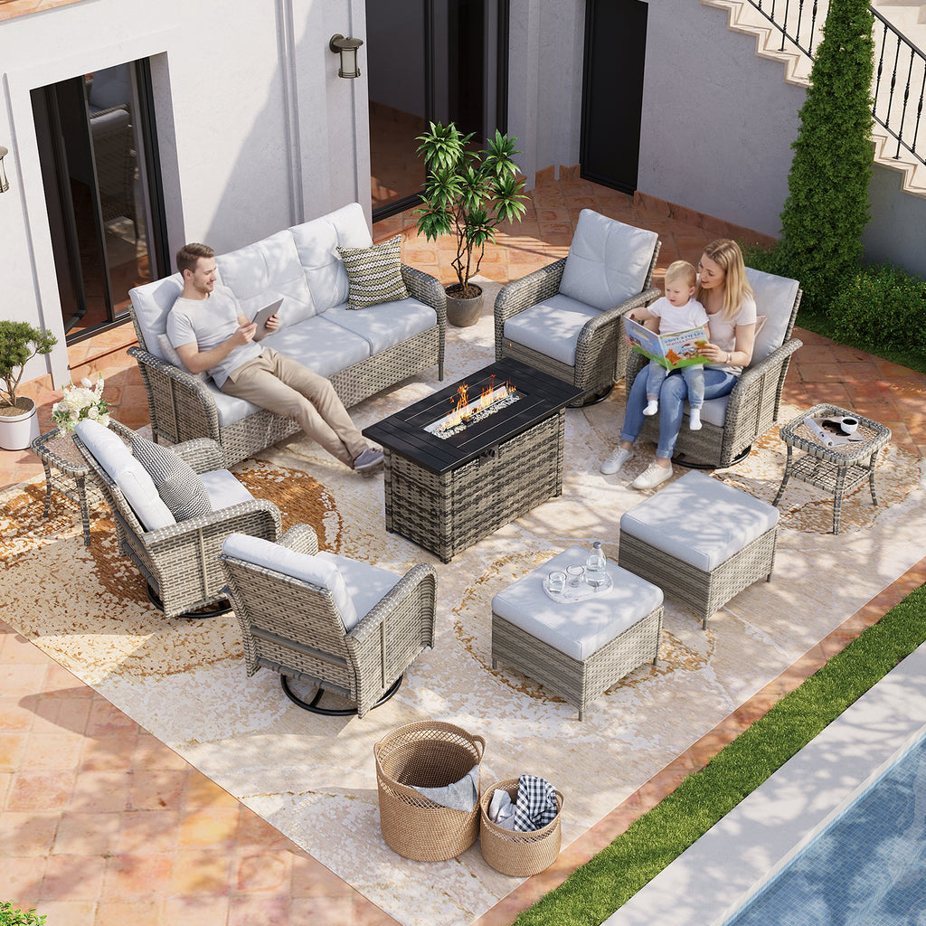 Aoxun Luxury 12-Piece Patio Furniture Set with 44'' Fire Pit Table, 360° Swivel Chairs, Wicker Rattan Sofa & Thick Cushions, Outdoor Conversation Set for Backyard, Poolside & Garden, Beige/Gray