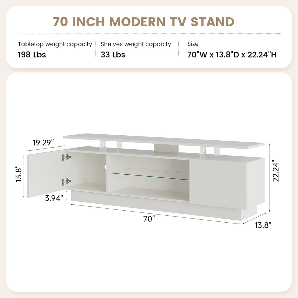 Nordivale 70” High-Glossy TV Stand with 2 Side Cabinets, Modern Stylish TV Console with 3 Layer LED Lights,Gaming TV Media Console with Adjustable Glass Shelf, Remote&APP Control, White