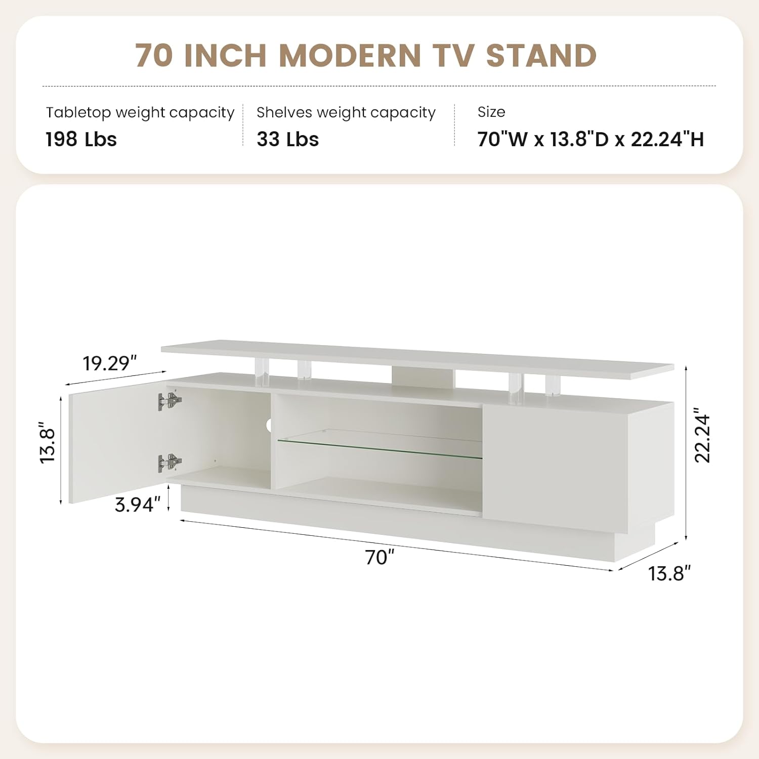 Nordivale 70” High-Glossy TV Stand with 2 Side Cabinets, Modern Stylish TV Console with 3 Layer LED Lights,Gaming TV Media Console with Adjustable Glass Shelf, Remote&APP Control, White
