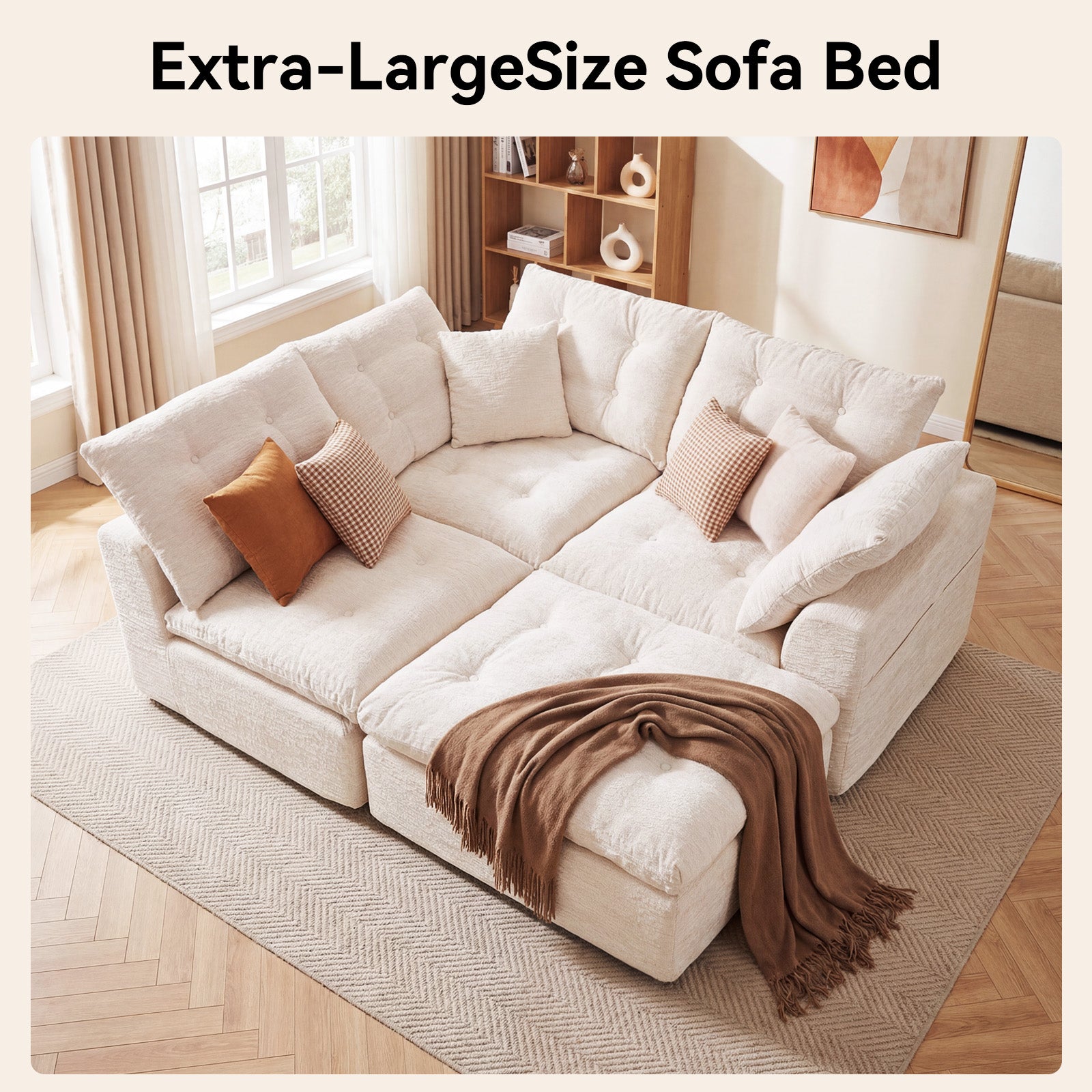 Nordivale 112" Boneless Couch Chenille Cloud Couch Oversized Modular Sectional Sofa with Storage Pockets for Living Room, Bedroom, No Assembly Required, L-shape with Ottoman+3 Seater (Beige)