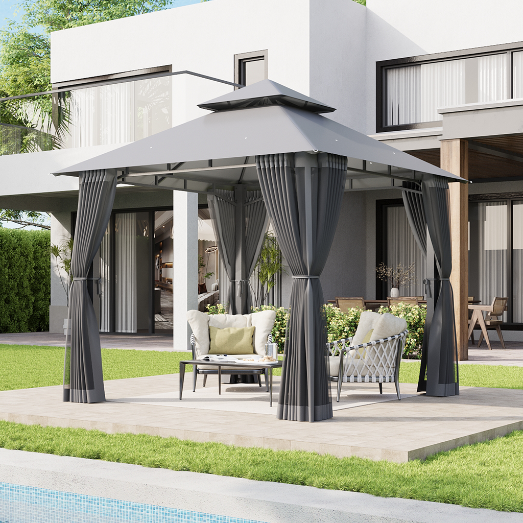 Aoxun 8x8 Gazebo with Double Roof & Mosquito Netting Outdoor Heavy-Duty Party Tent, Patio Tent with Zipper Screens - Backyard Garden Lawn Shelter Includes Wind Ropes Expansion Bolts, Gray