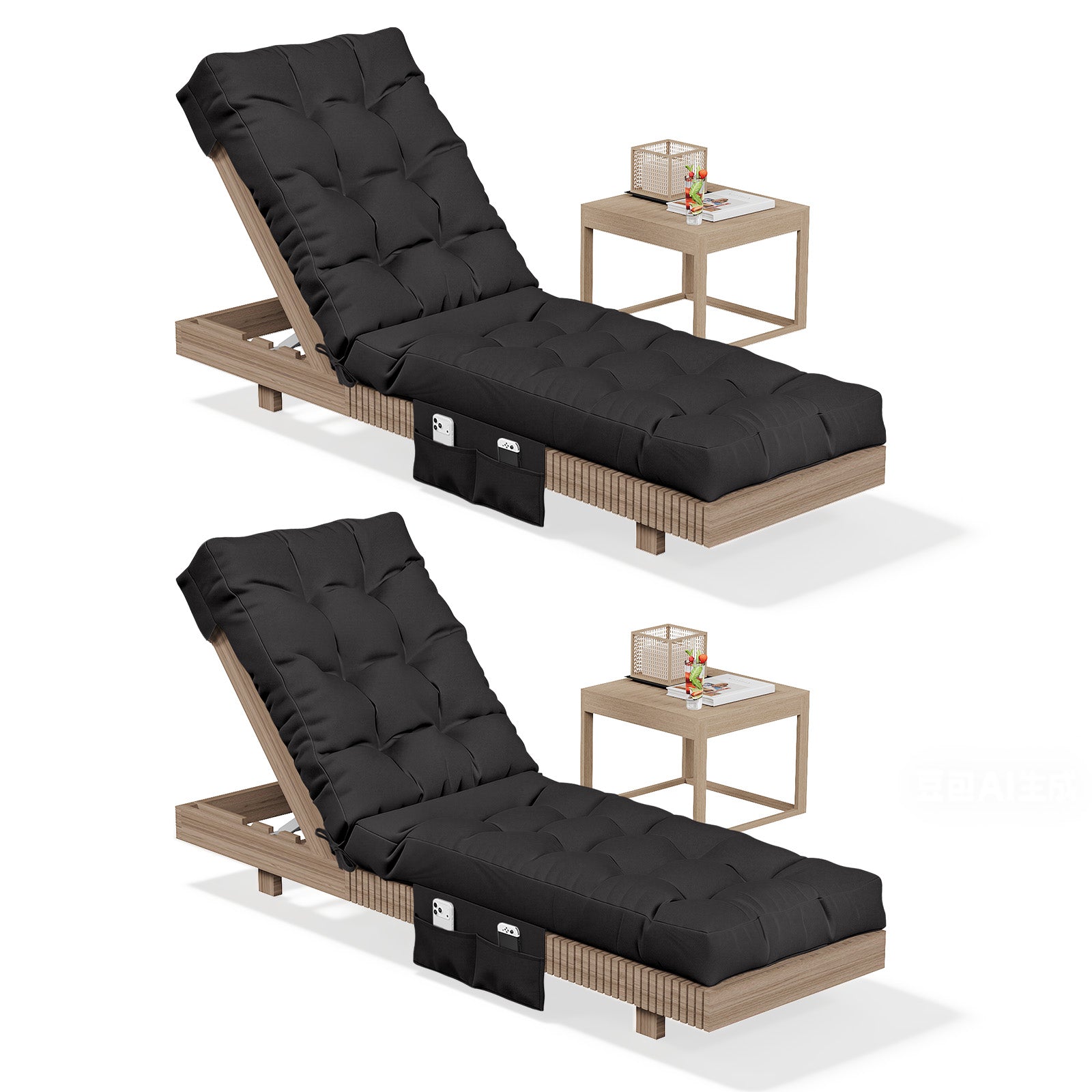 Aoxun Outdoor Chaise Lounge Cushions with Storage Pocket, Waterproof Replacement Patio Lounge Chair Cushion with Ties, Thick Pool Lounger Chair Cushions for Outdoor Furniture