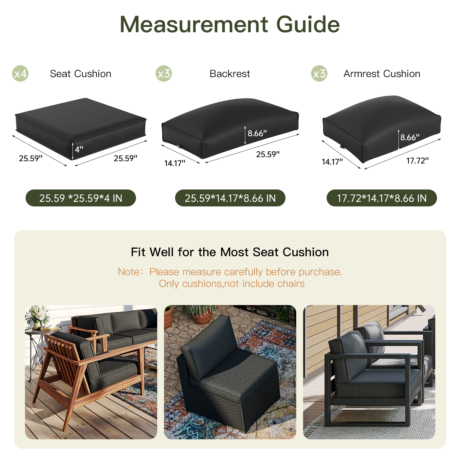 Breezestival Patio Furniture Replacement Cushions for Outdoor Furniture Set of 4, Thick Patio Sofa Cushions for Outdoor Furniture, 9-Piece Splashproof Fade Resistant Cushions for Outdoor Couch