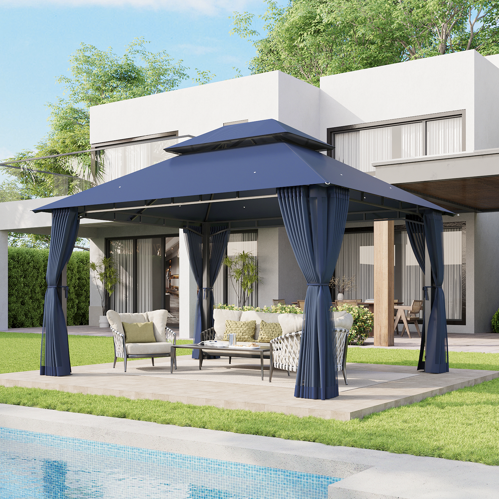 Aoxun 12x10 Gazebo with Double Roof & Mosquito Netting Outdoor Heavy-Duty Party Tent, Patio Tent with Zipper Screens - Backyard Garden Lawn Shelter Includes Wind Ropes Expansion Bolts, Gray
