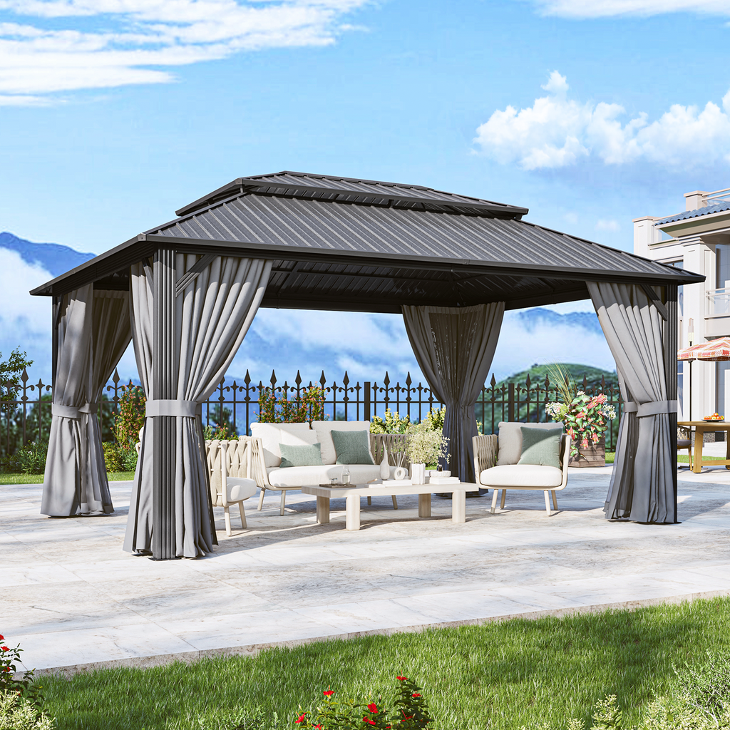 BinpLax 16x12FT Outdoor Gazebo - Heavy Duty Canopy Pavilion with Ventilated Double Roof, Patio Pergola with Netting for Pavilion for Party, Outdoor Dining, Wedding, Gray