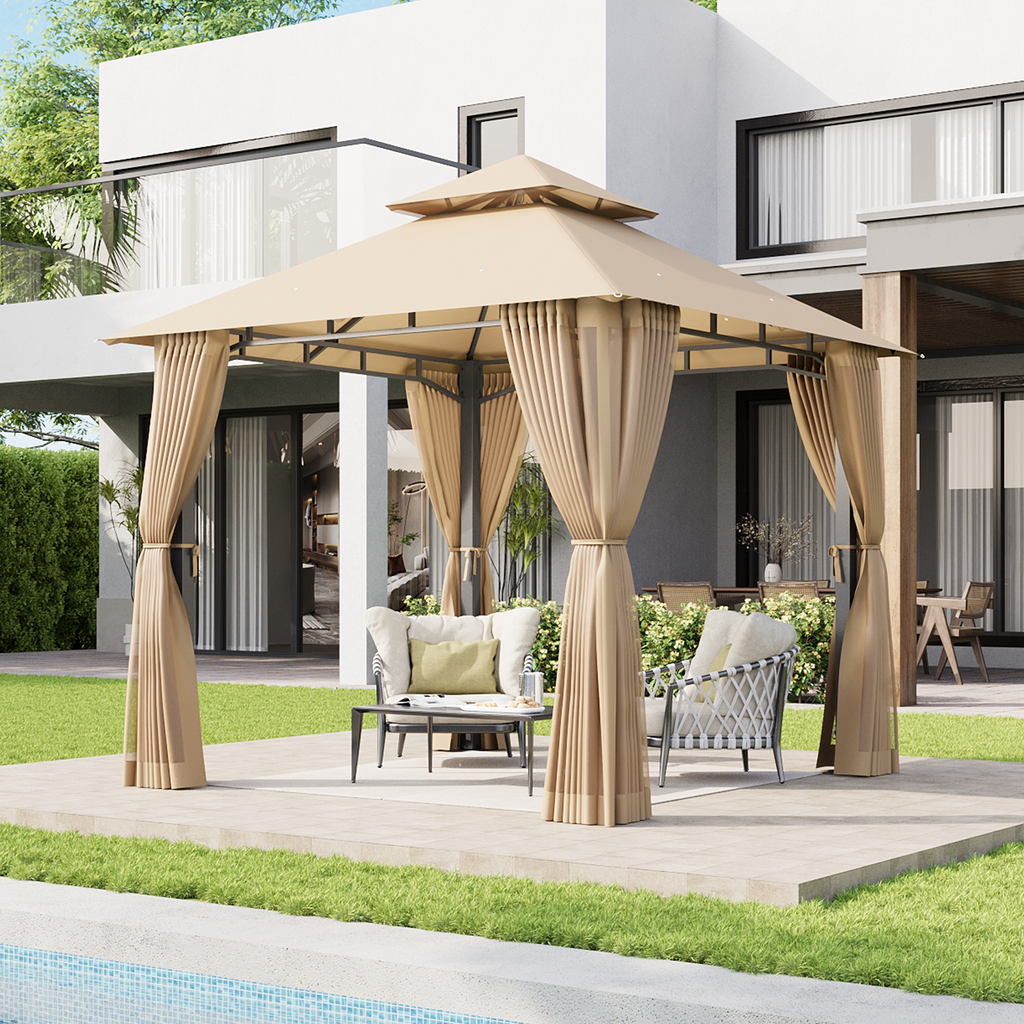 Aoxun 12x10 Gazebo with Double Roof & Mosquito Netting Outdoor Heavy-Duty Party Tent, Patio Tent with Zipper Screens - Backyard Garden Lawn Shelter Includes Wind Ropes Expansion Bolts, Gray