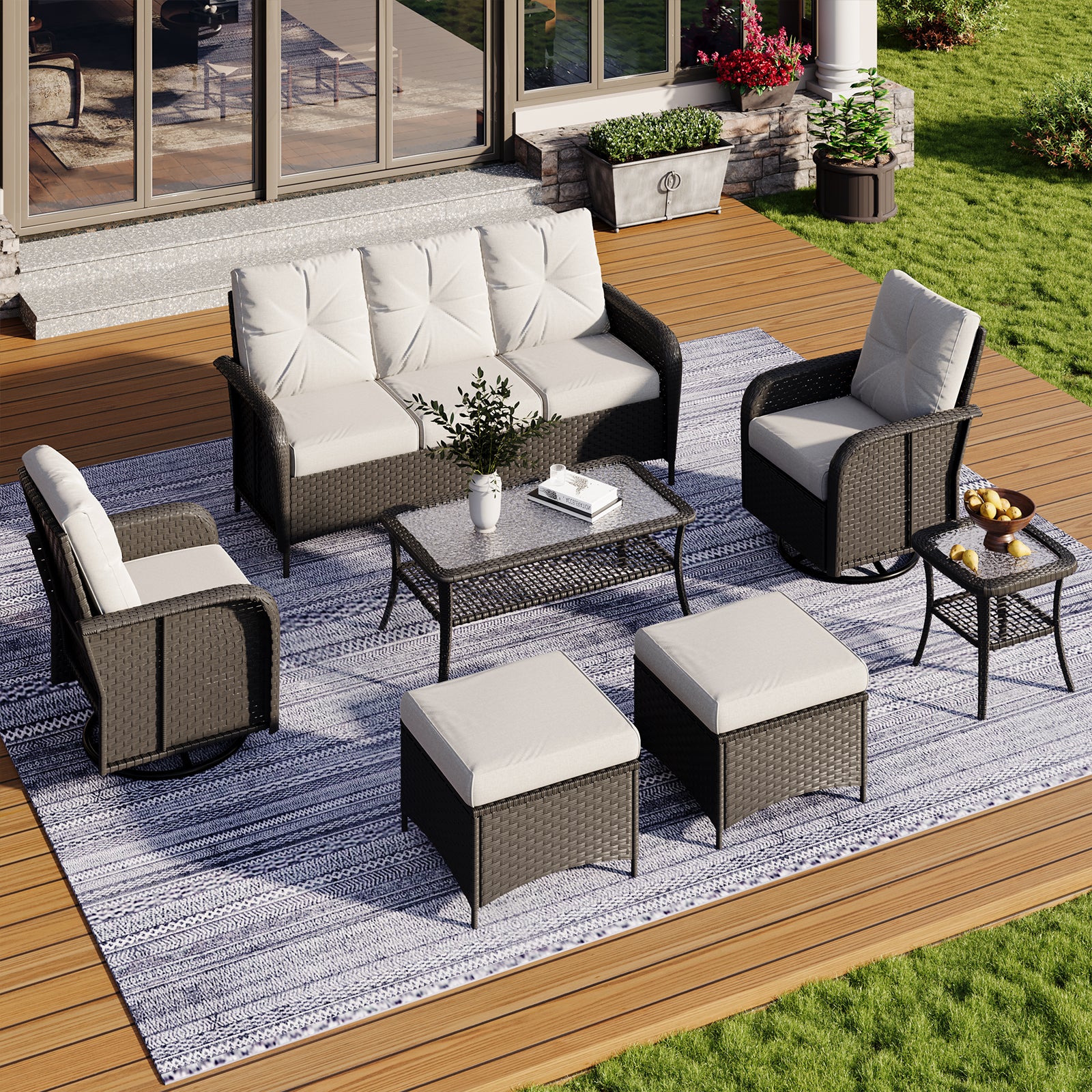 Aoxun Patio Furniture Set, Wicker Rattan Outdoor Sectional Sofa with High Back Swivel Rocker Chairs, Outdoor Patio Furniture Set