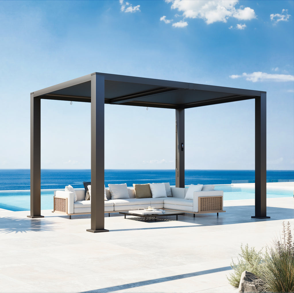 Aoxun Motorized Louvered Pergola 9'x12' with LED Lights & Power Outlet 90MPH Wind Resistance, Outdoor Pergola with 2 Independent Adjustable Roofs, Rust-Resistant Frame for Patio & Backyard