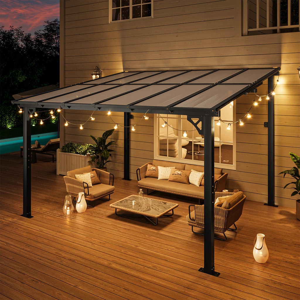 Binplax 12x10 Lean to Gazebo with Polycarbonate Panel Wall Mounted Gazebo with Aluminum Top Frame Awing for Patio, Deck, Garden