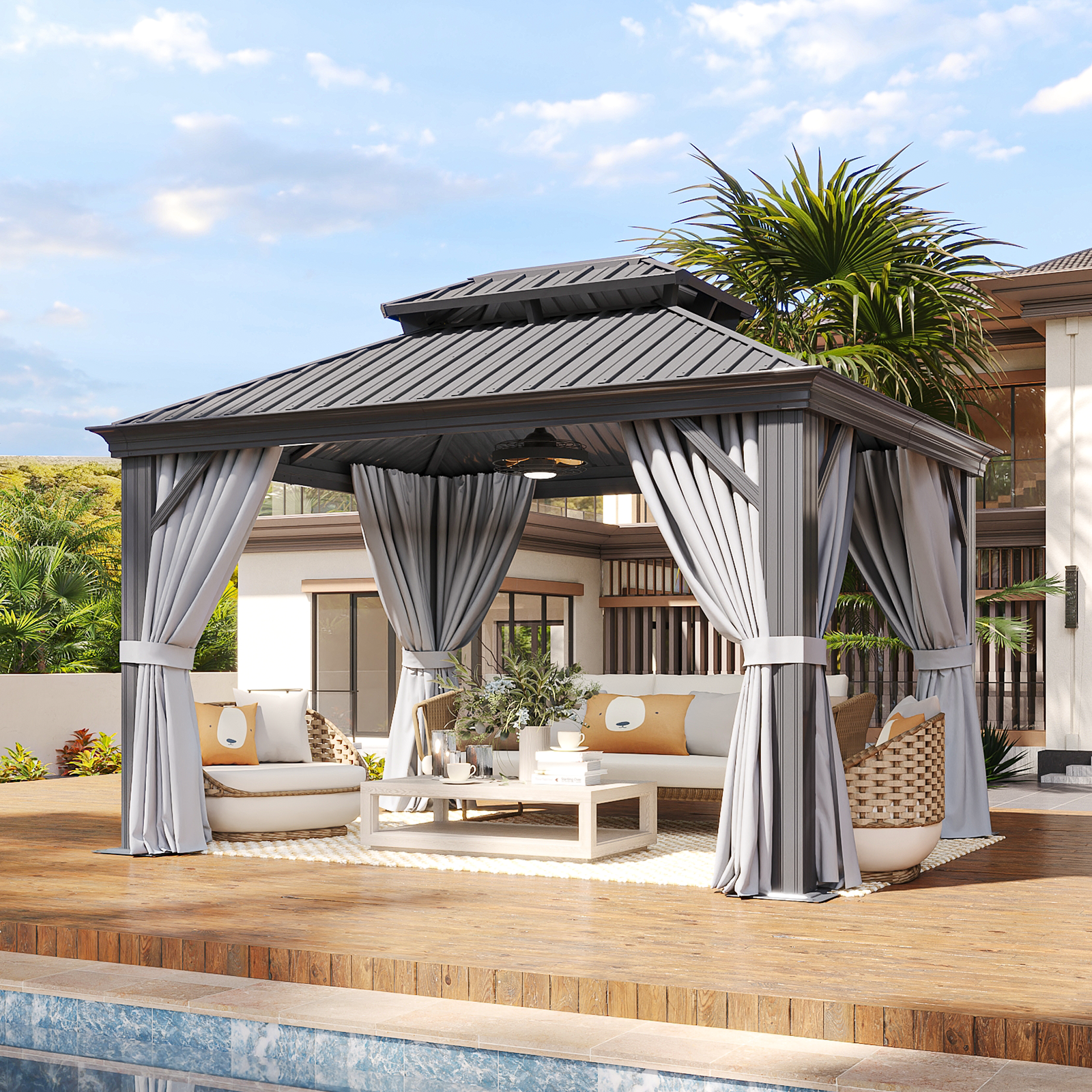 LET'S PATIO 12' x 16' Hardtop Gazebo, Permanent Aluminum Gazebo with Galvanized Steel Double Roof and Drainage System, Outdoor Metal Pavilion with Curtains and Netting for Patio, Deck and Lawn, Gray
