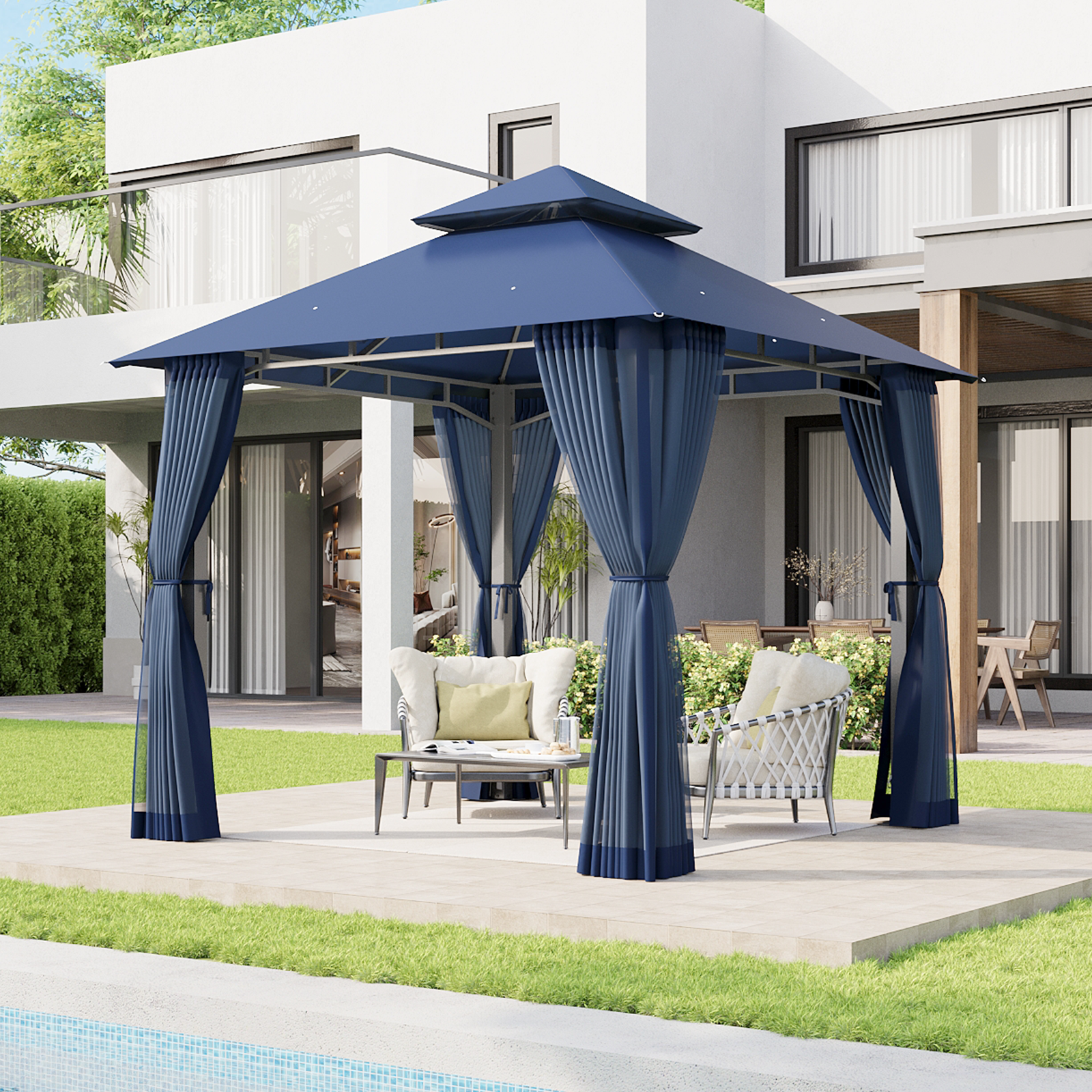 Aoxun 12x10 Gazebo with Double Roof & Mosquito Netting Outdoor Heavy-Duty Party Tent, Patio Tent with Zipper Screens - Backyard Garden Lawn Shelter Includes Wind Ropes Expansion Bolts, Gray