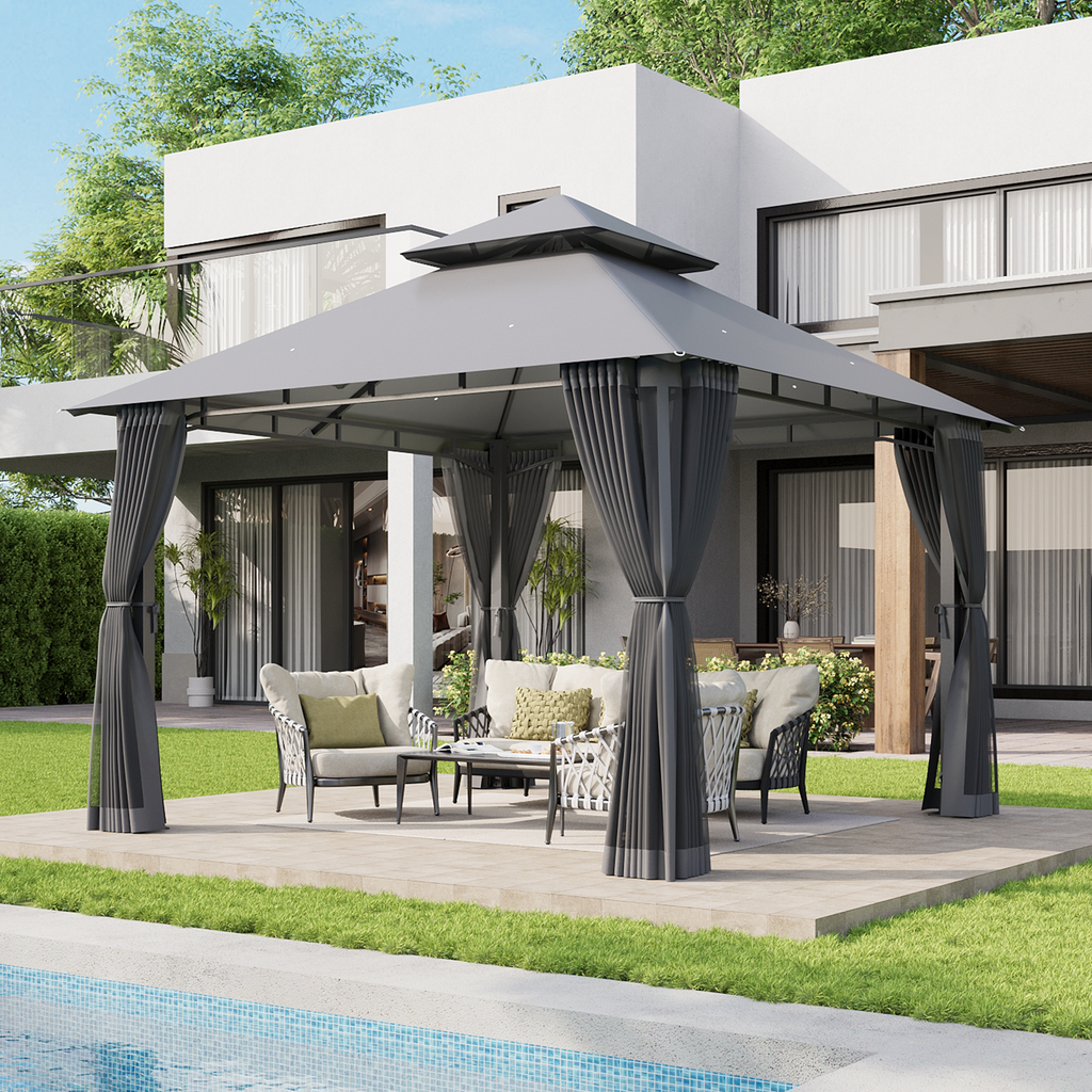 Aoxun 12x10 Gazebo with Double Roof & Mosquito Netting Outdoor Heavy-Duty Party Tent, Patio Tent with Zipper Screens - Backyard Garden Lawn Shelter Includes Wind Ropes Expansion Bolts, Gray