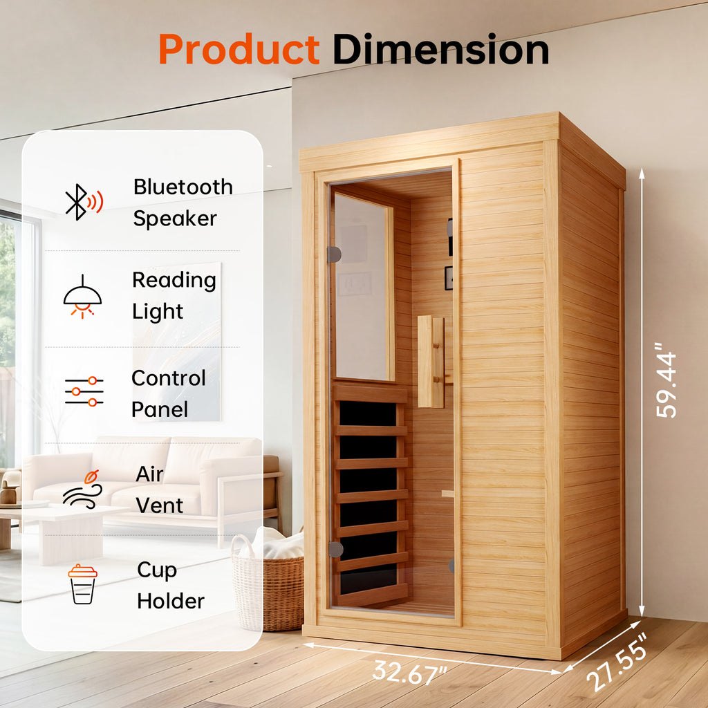 Aoxun Infrared Sauna for Home, 1 Person Indoor Dry Sauna Room, Hemlock, Reading Light, Low EMF Far Infrared, Blutooth Speakers, 32.67"x 27.55"x 59.44"