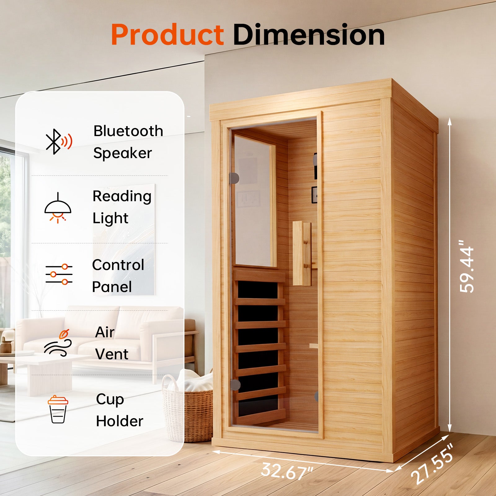 Aoxun Infrared Sauna for Home, 1 Person Indoor Dry Sauna Room, Hemlock, Reading Light, Low EMF Far Infrared, Blutooth Speakers, 32.67"x 27.55"x 59.44"