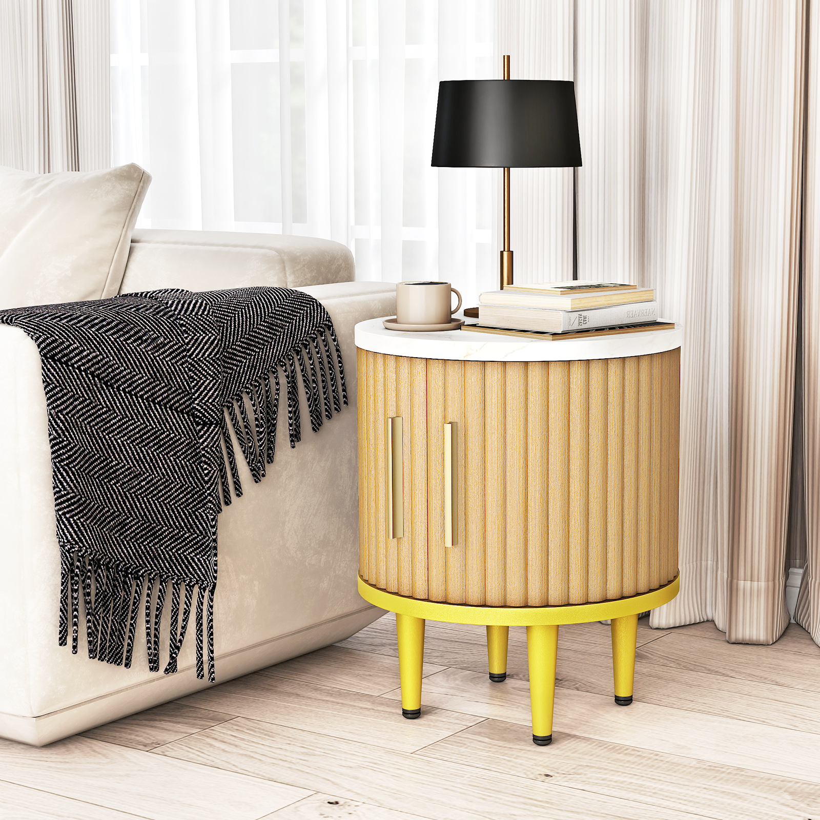 Fluted Nightstand Set of 2, Modern Side Table with Faux Marble Top and Metal Handle