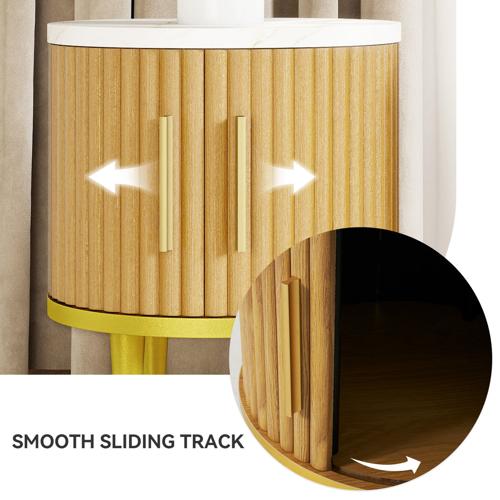 Fluted Nightstand Set of 2, Modern Side Table with Faux Marble Top and Metal Handle