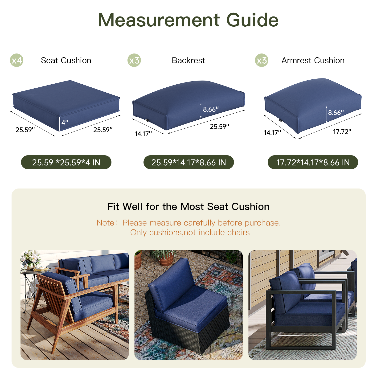 Breezestival Patio Furniture Replacement Cushions for Outdoor Furniture Set of 4, Thick Patio Sofa Cushions for Outdoor Furniture, 9-Piece Splashproof Fade Resistant Cushions for Outdoor Couch