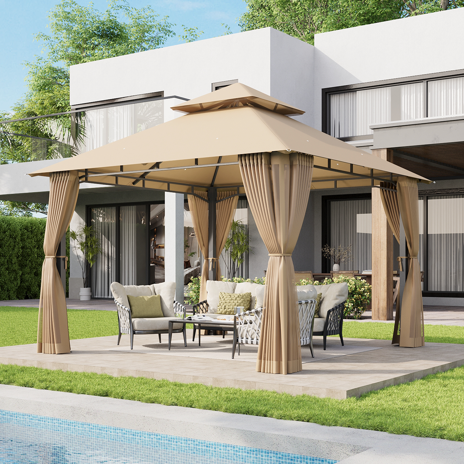 Aoxun 10x10 Gazebo with Double Roof & Mosquito Netting Outdoor Heavy-Duty Party Tent, Patio Tent with Zipper Screens - Backyard Garden Lawn Shelter Includes Wind Ropes Expansion Bolts, Beige