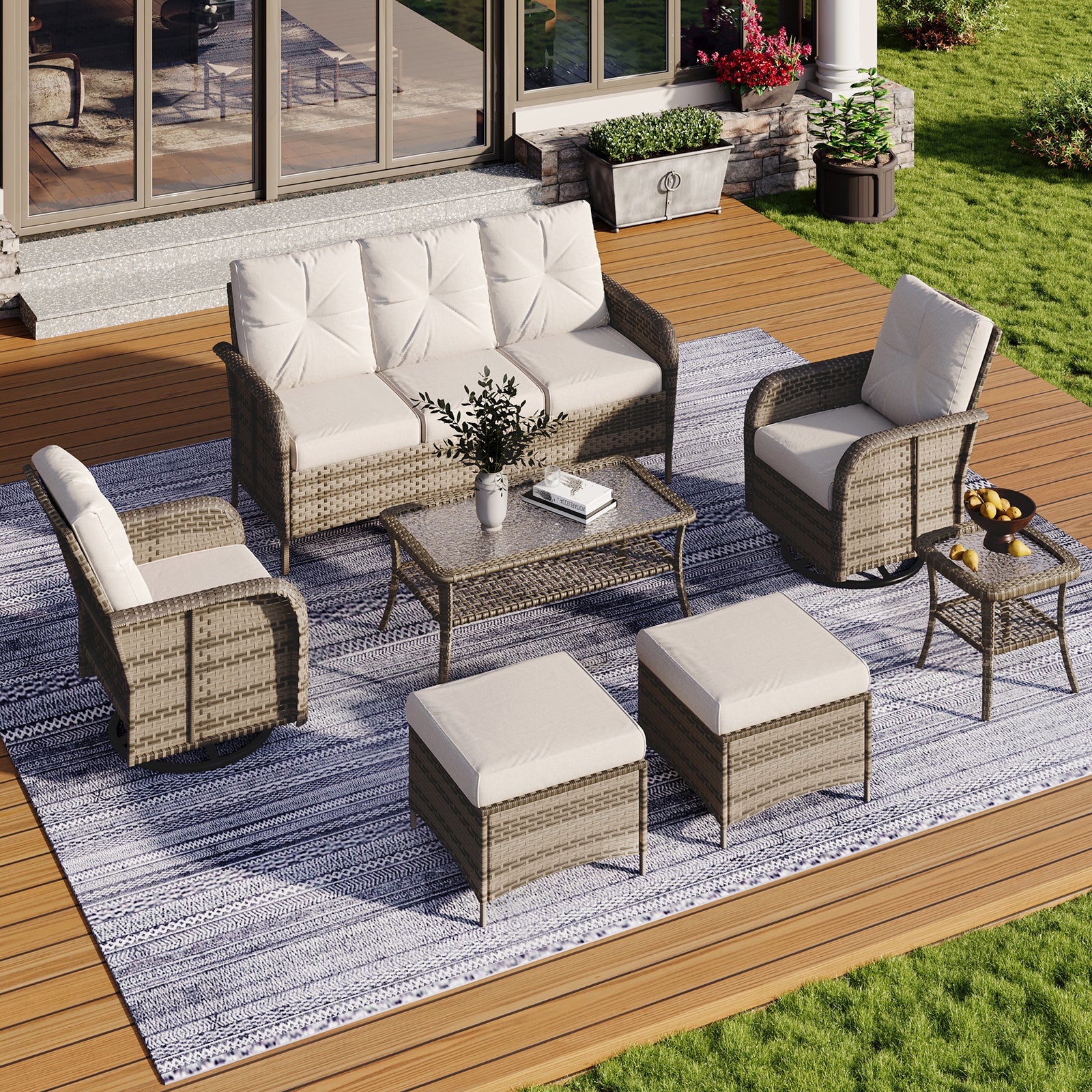 Aoxun Patio Furniture Set, Wicker Rattan Outdoor Sectional Sofa with High Back Swivel Rocker Chairs, Outdoor Patio Furniture Set
