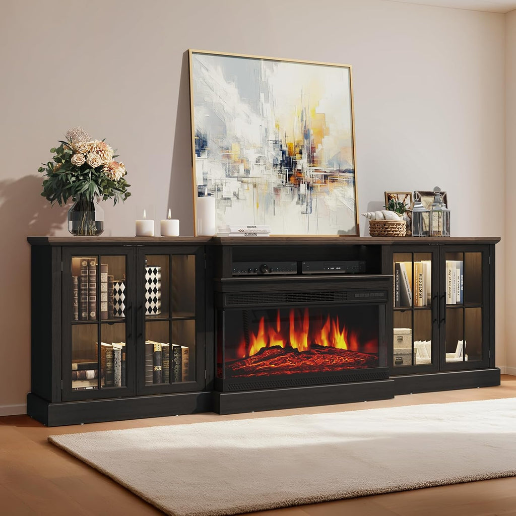 Breezestival 98" Farmhouse TV Stand with 36" Fireplace for Living Room,Media Entertainment Center with Adjustable Shelves and Large Storage Cabinets, TVs up to 100", Black