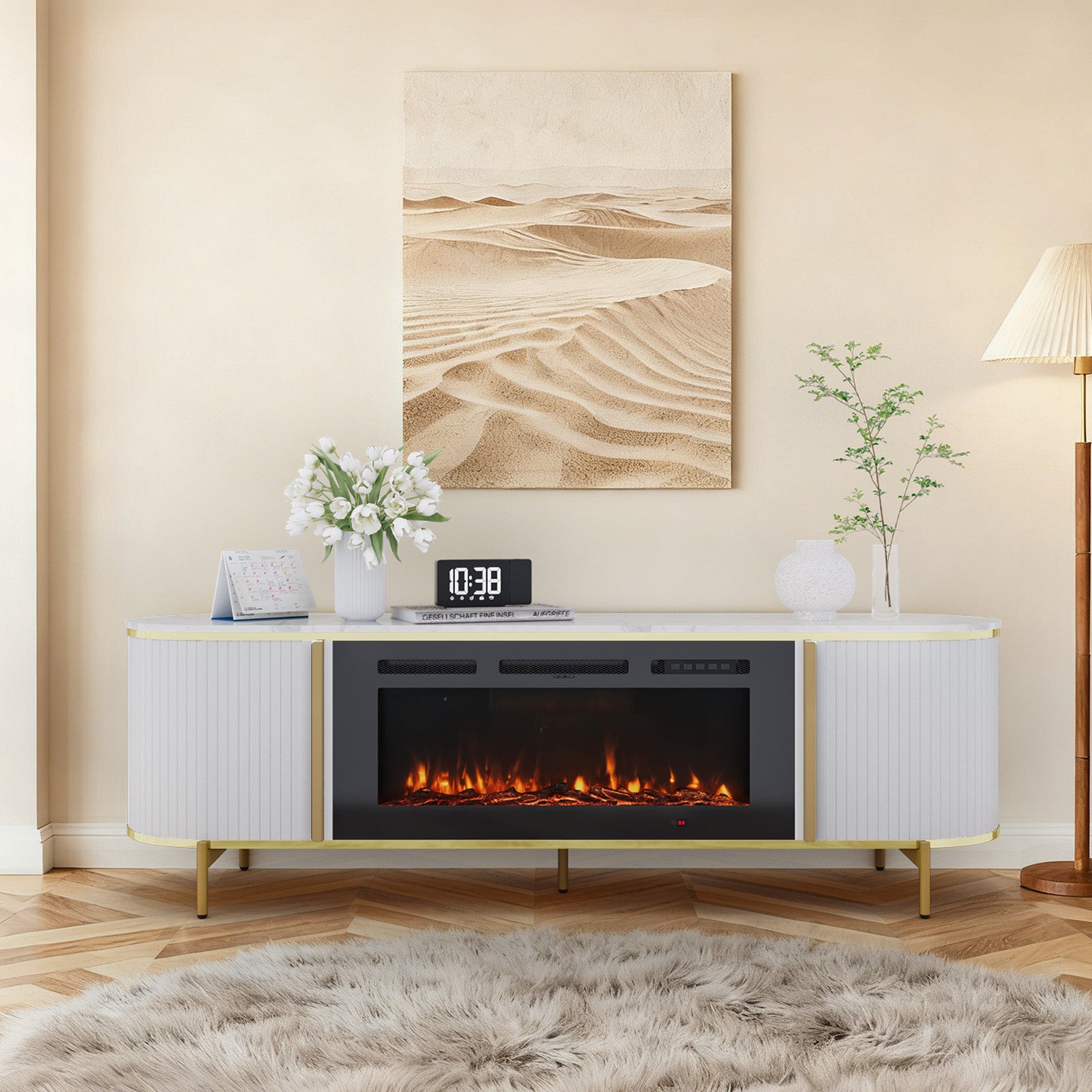 70" Fluted Fireplace TV Stand, Modern Entertainment Center for TVs Up to 80”, Farmhouse White TV Console for Living Room, White TV Stand and Black Fireplace