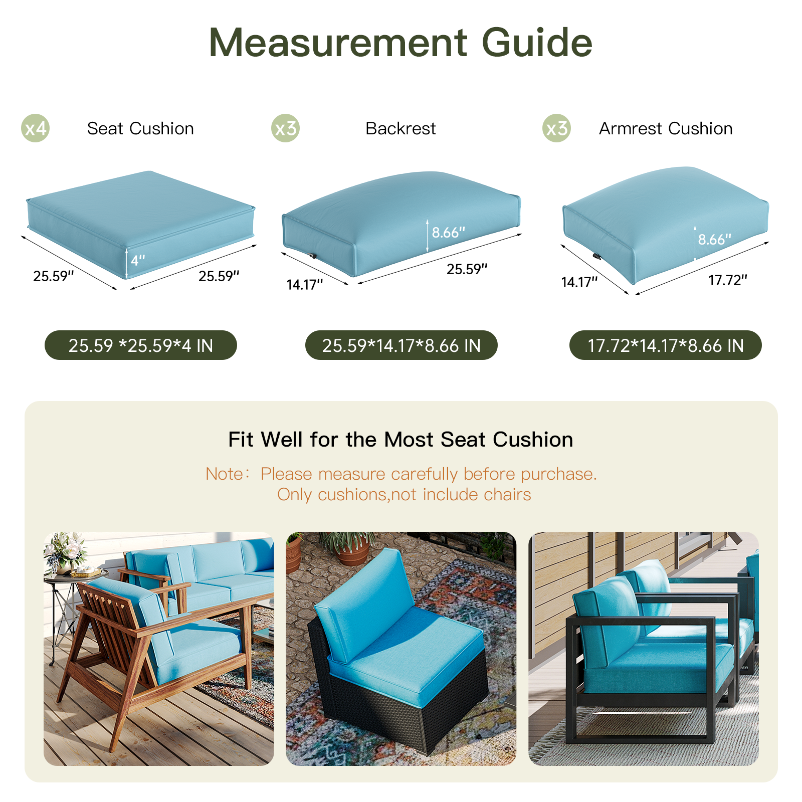 Breezestival Patio Furniture Replacement Cushions for Outdoor Furniture Set of 4, Thick Patio Sofa Cushions for Outdoor Furniture, 9-Piece Splashproof Fade Resistant Cushions for Outdoor Couch