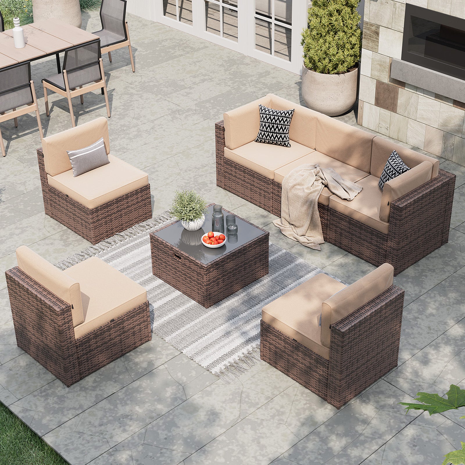 Aoxun 7 Piece Patio Furniture Set, All-Weather Wicker Outdoor Furniture 6 Seats Patio Conversation Sets with Storage Coffee Table, Outdoor Sectional Sofas for Backyard Garden(Brown/Khaki)