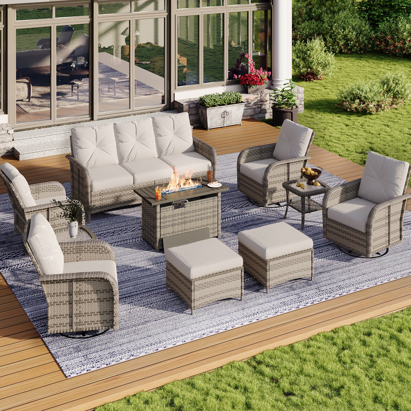 Aoxun Patio Furniture Set, Wicker Rattan Outdoor Sectional Sofa with High Back Swivel Rocker Chairs, Outdoor Patio Furniture Set